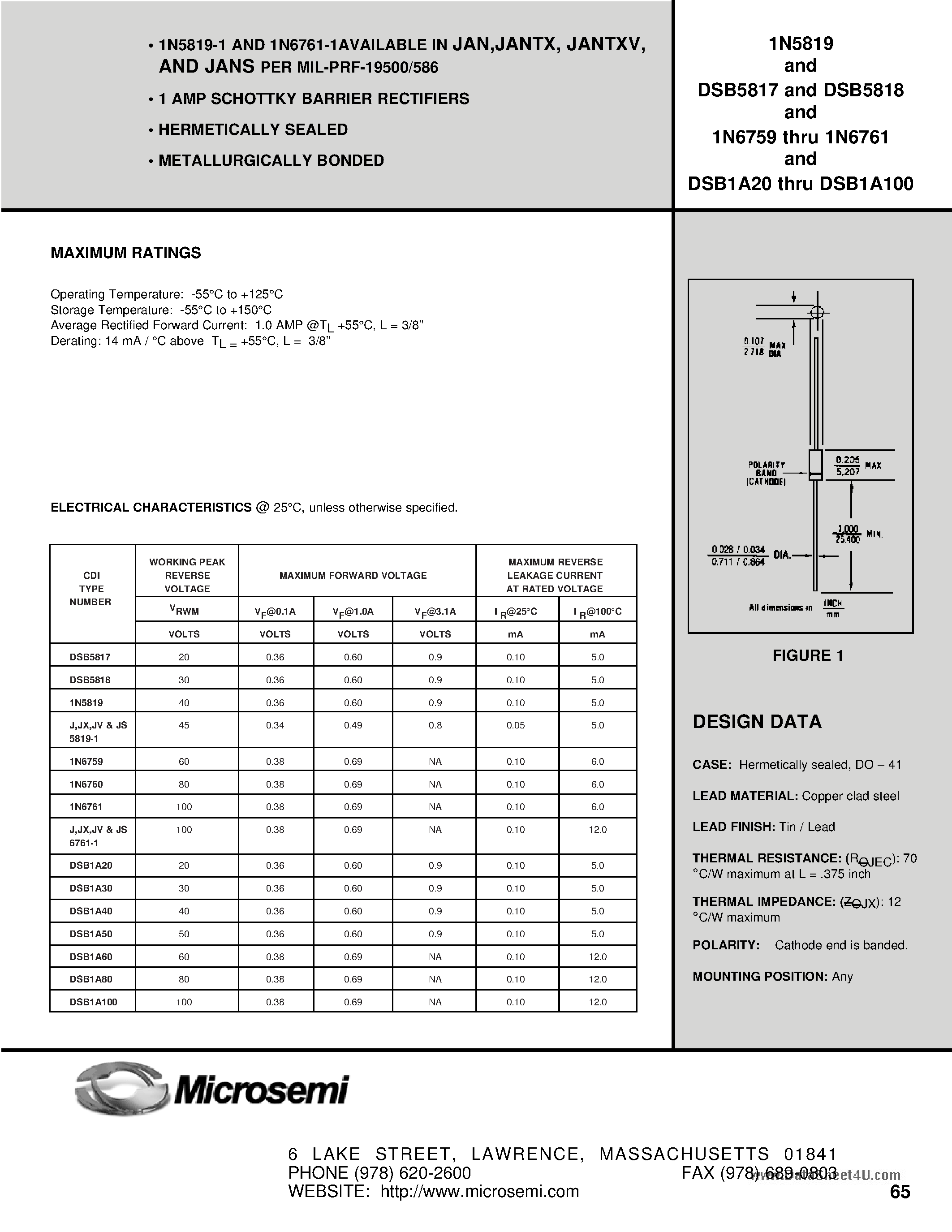 Datasheet 1N6759 page 1 Datasheet 1N6759 - (1N6759 - 1N6761) SCHOTTKY BARRIER RECTIFIERS page 1