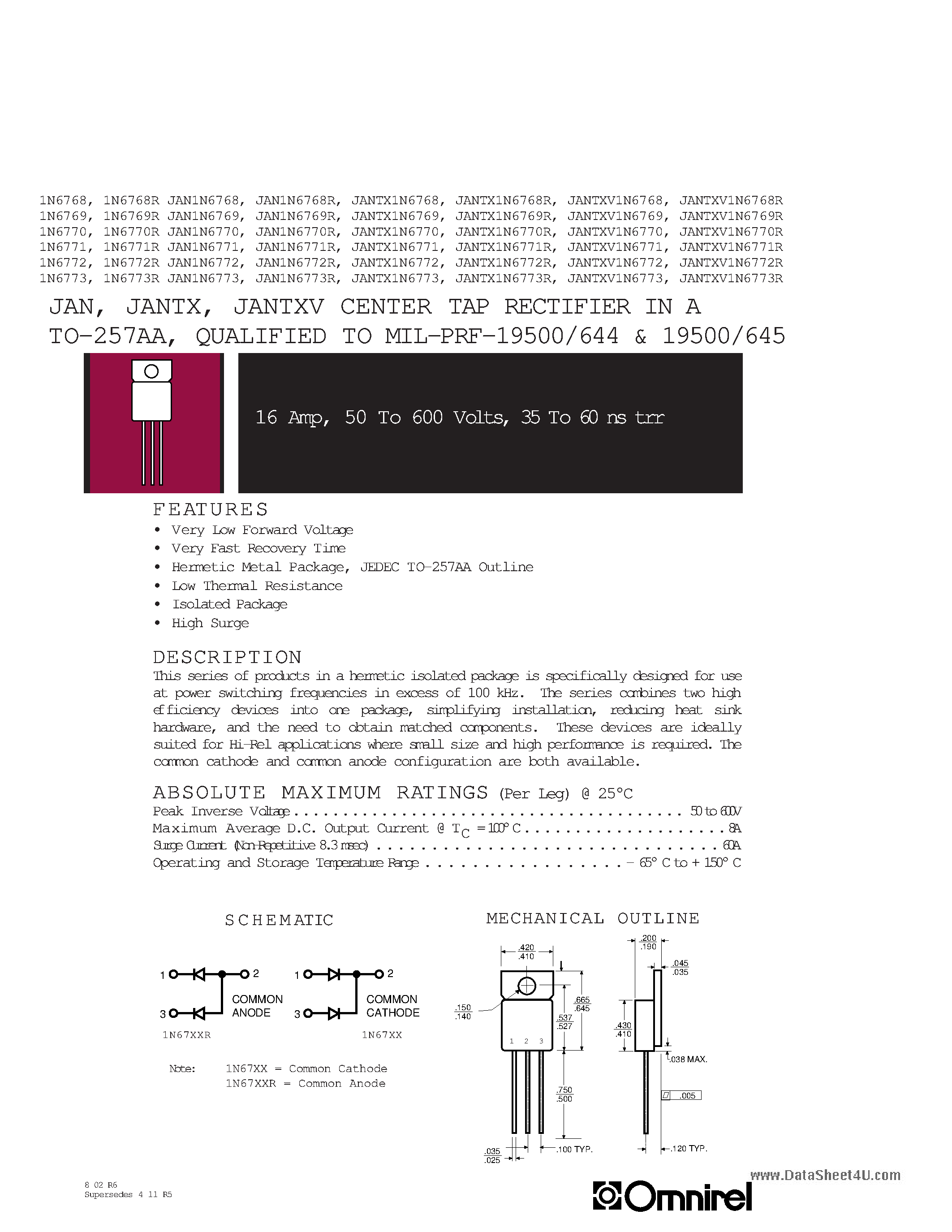 Datasheet 1N6768 page 1 Datasheet 1N6768 - (1N67xx) Transistor page 1