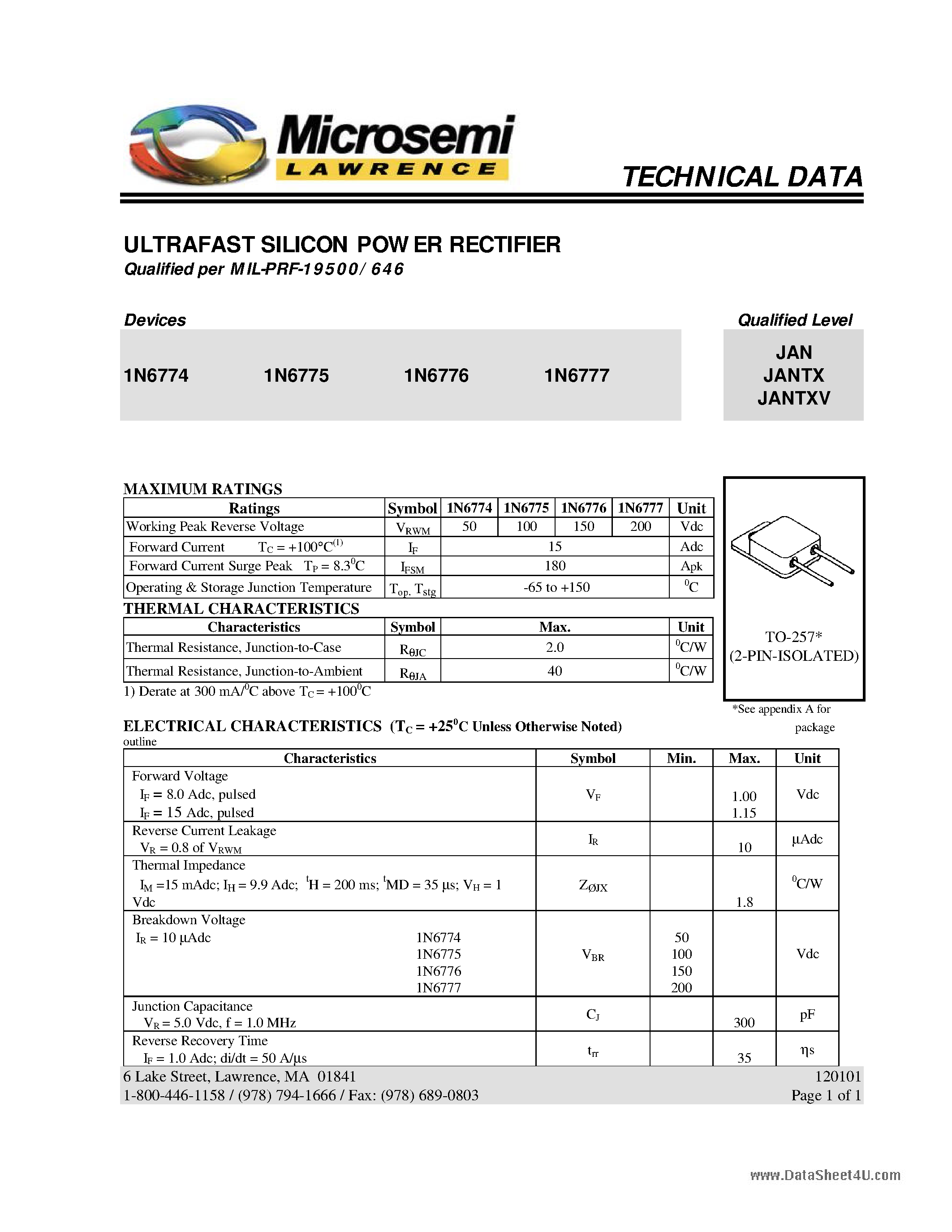 Datasheet 1N6774 page 1 Datasheet 1N6774 - (1N6774 - 1N6777) ULTRAFAST SILICON POWER RECTIFIER page 1