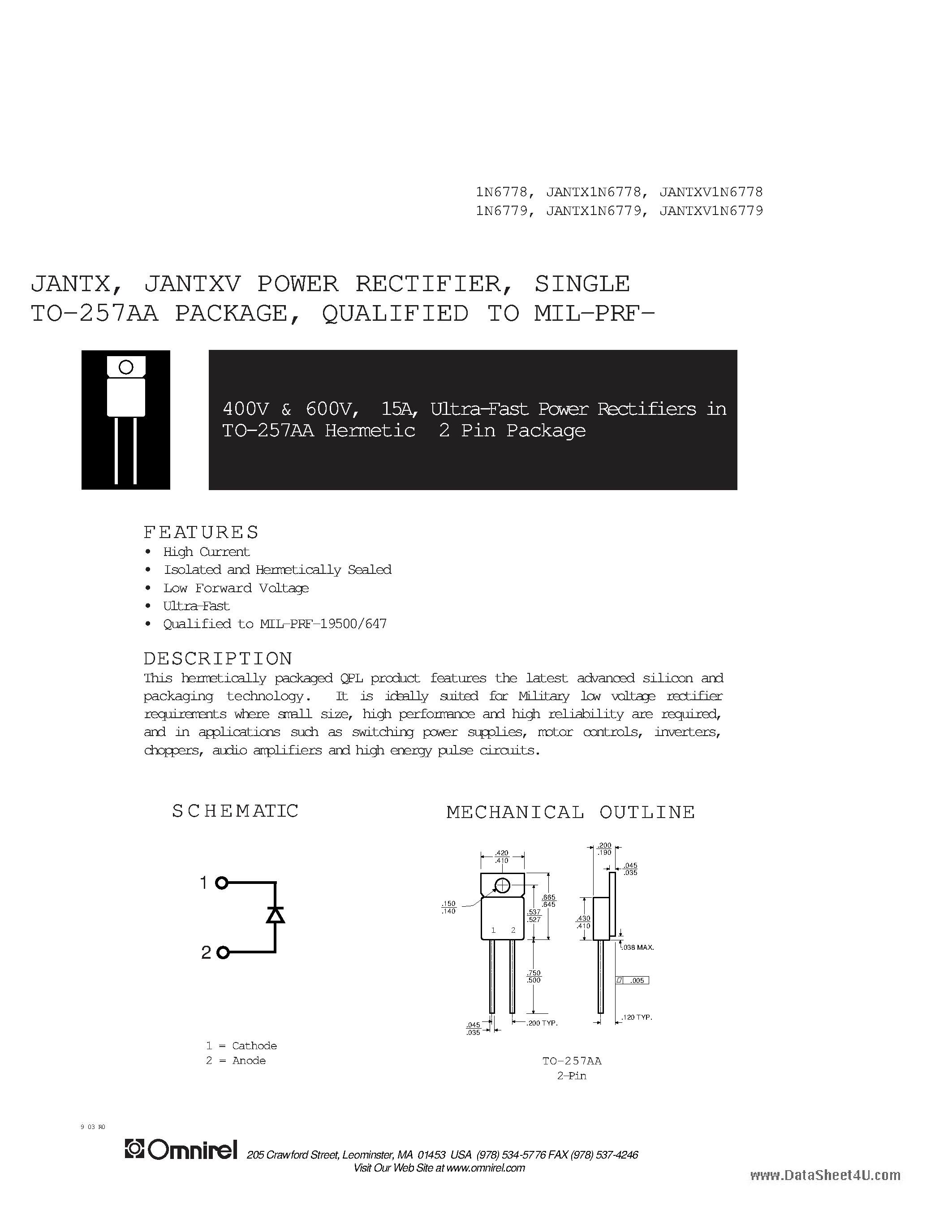 Datasheet 1N6778 - (1N6778 / 1N6779) Ultra-Fast Power Rectifiers page 1