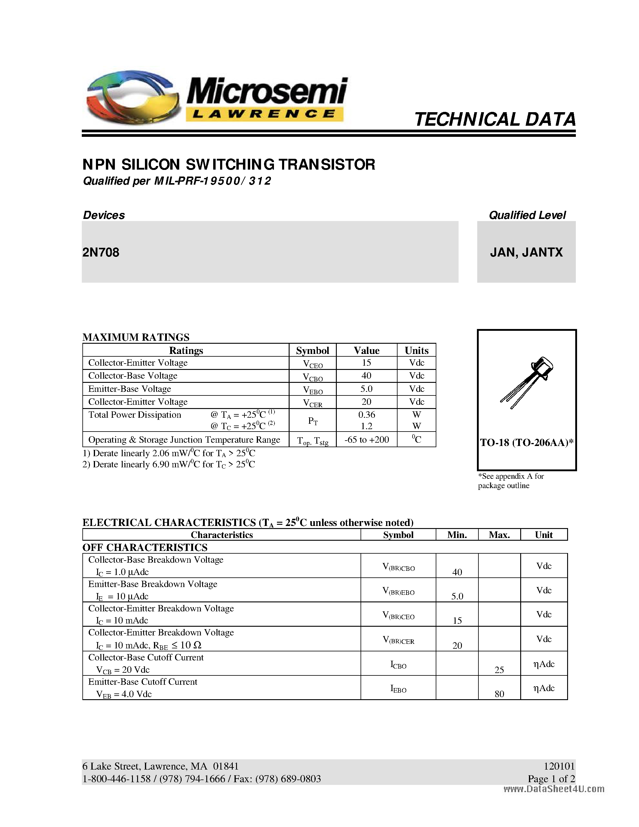 Datasheet 2N708 - NPN SILICON SWITCHING TRANSISTOR page 1