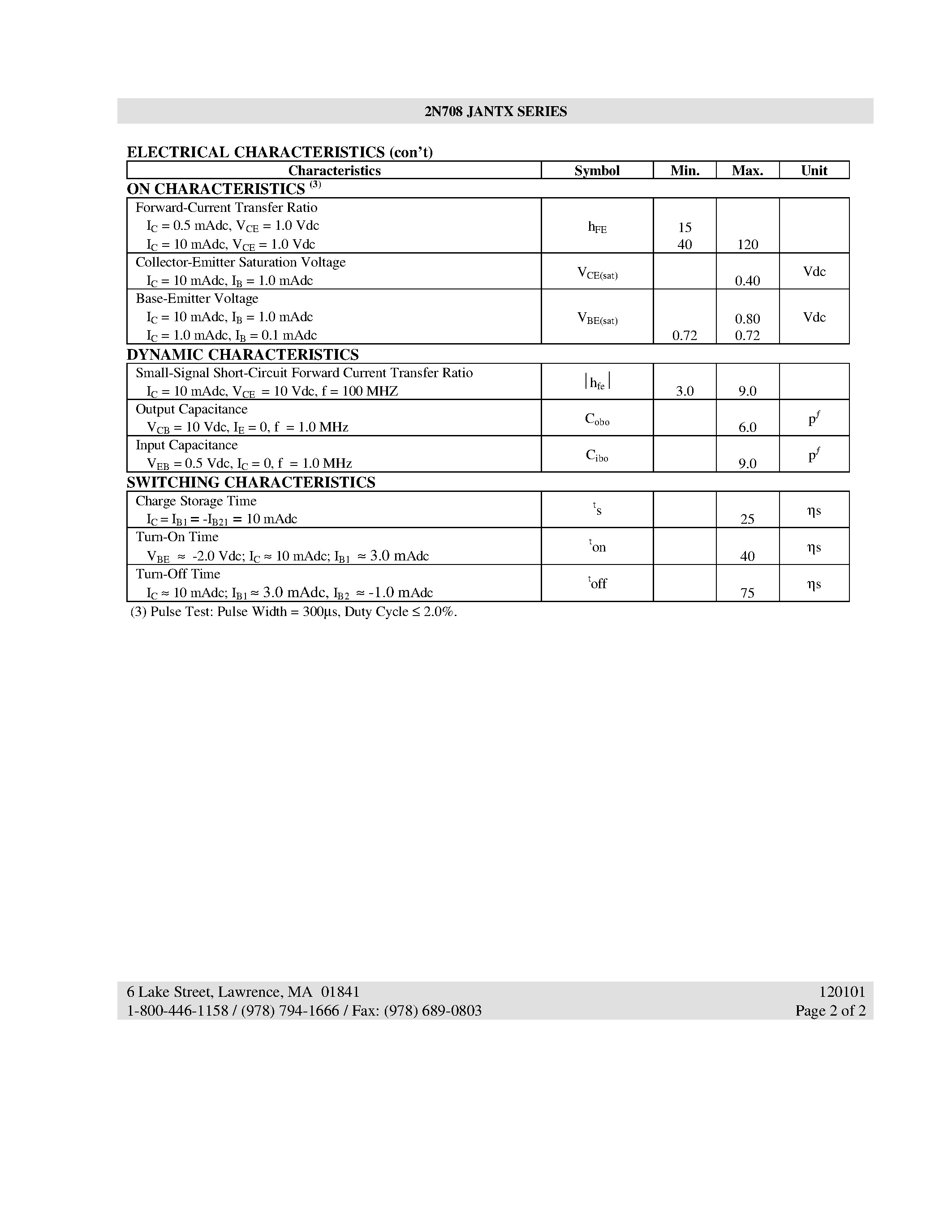 Datasheet 2N708 - NPN SILICON SWITCHING TRANSISTOR page 2