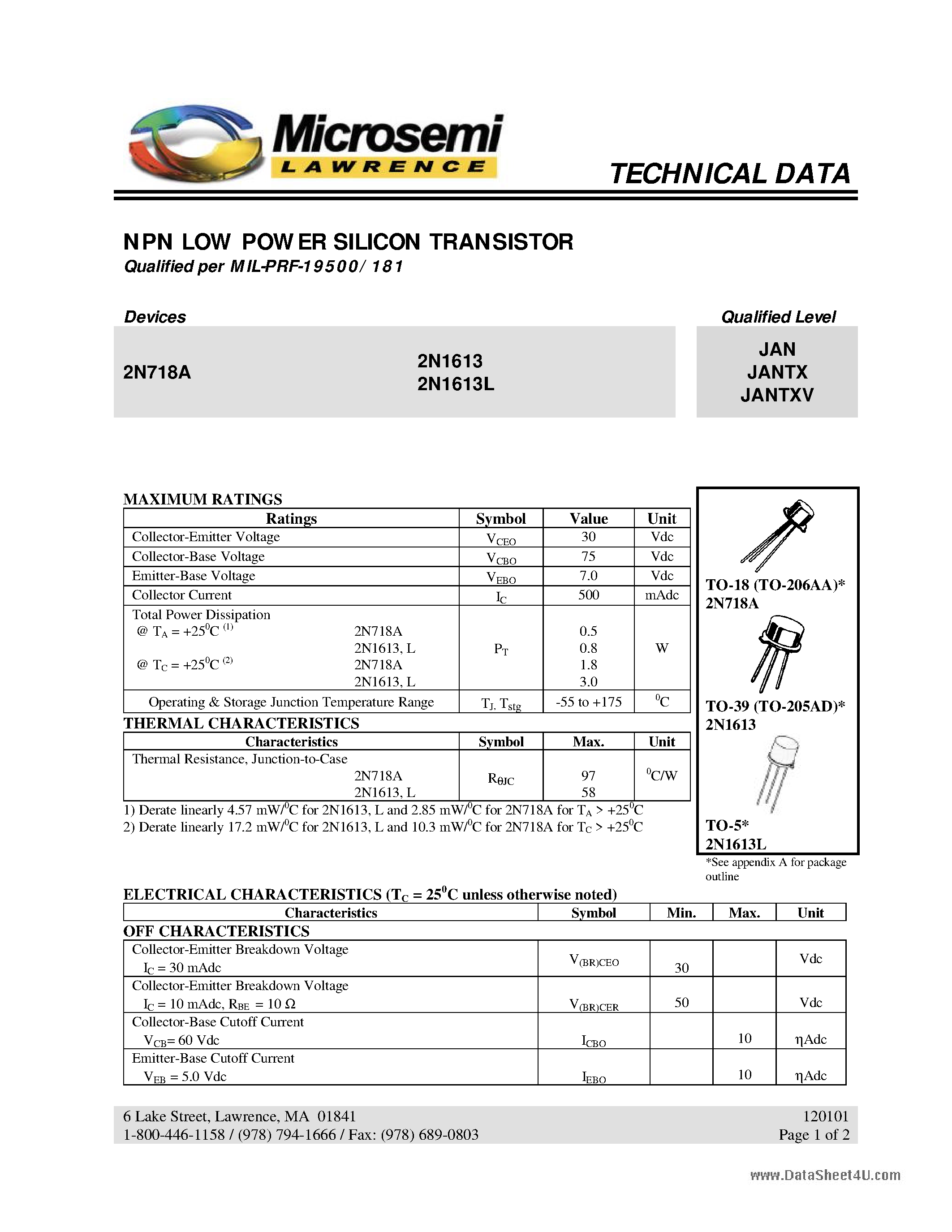 Datasheet 2N718A - NPN LOW POWER SILICON TRANSISTOR page 1