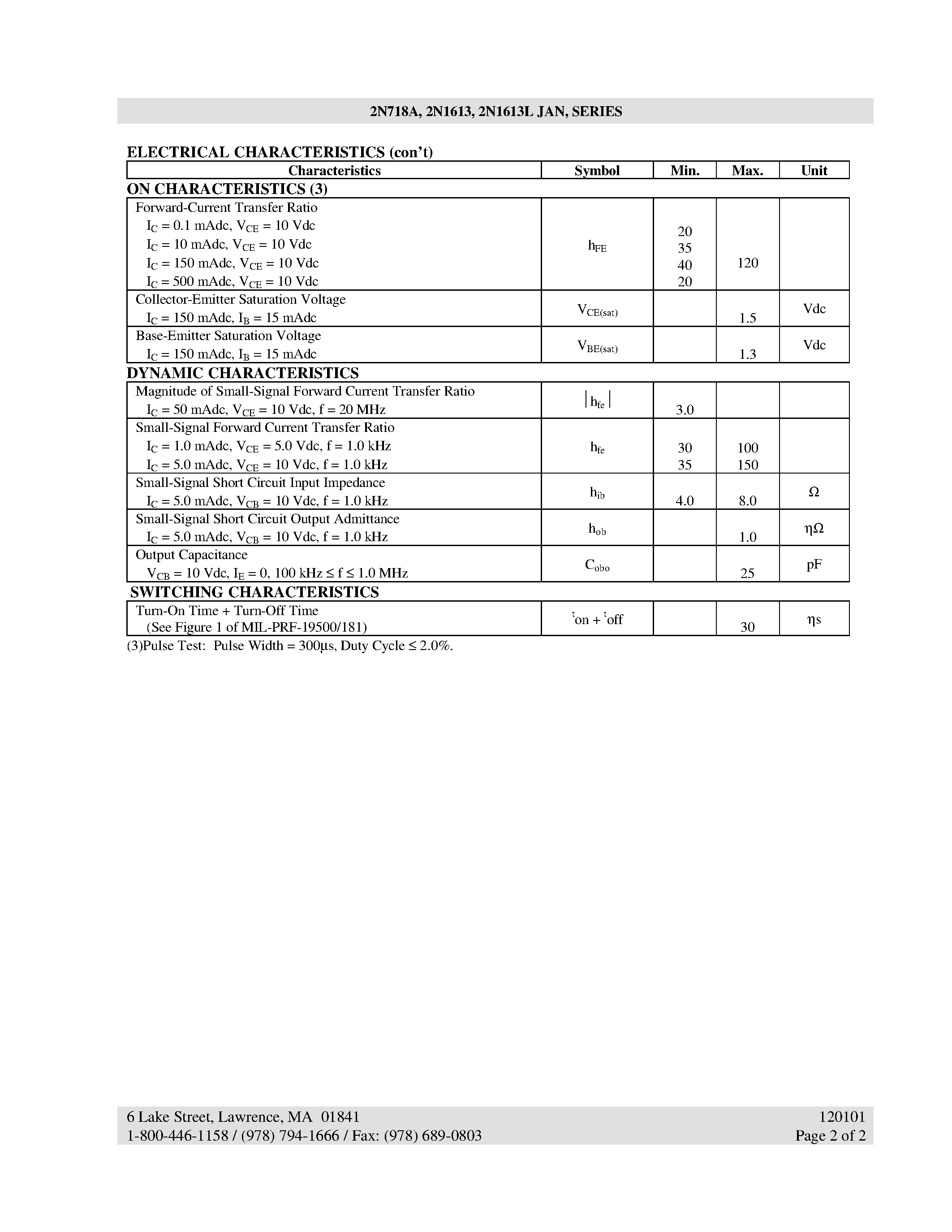 Datasheet 2N718A - NPN LOW POWER SILICON TRANSISTOR page 2