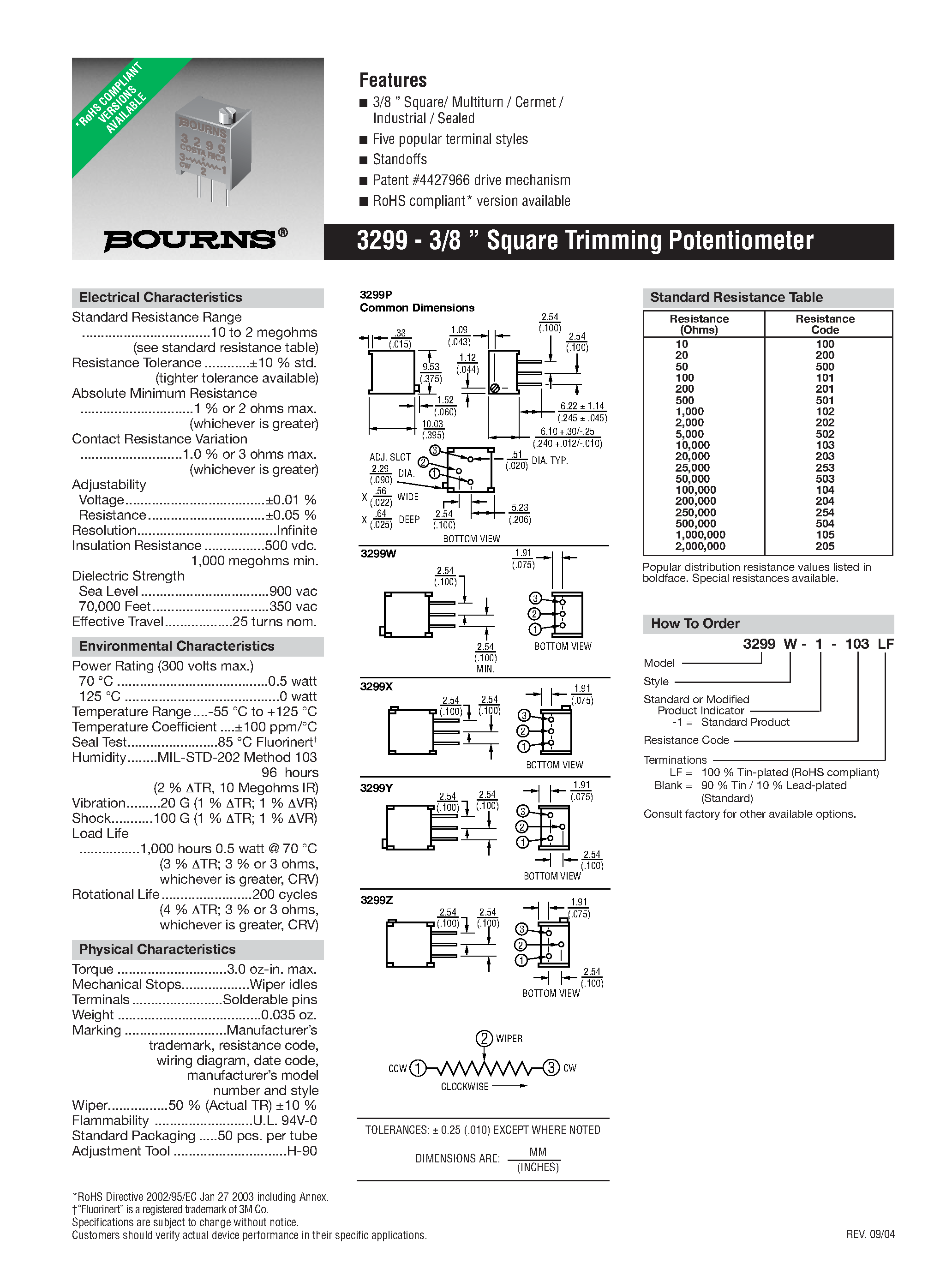 Datasheet 3299 - 3/8 Square Trimming Potentiometer page 1