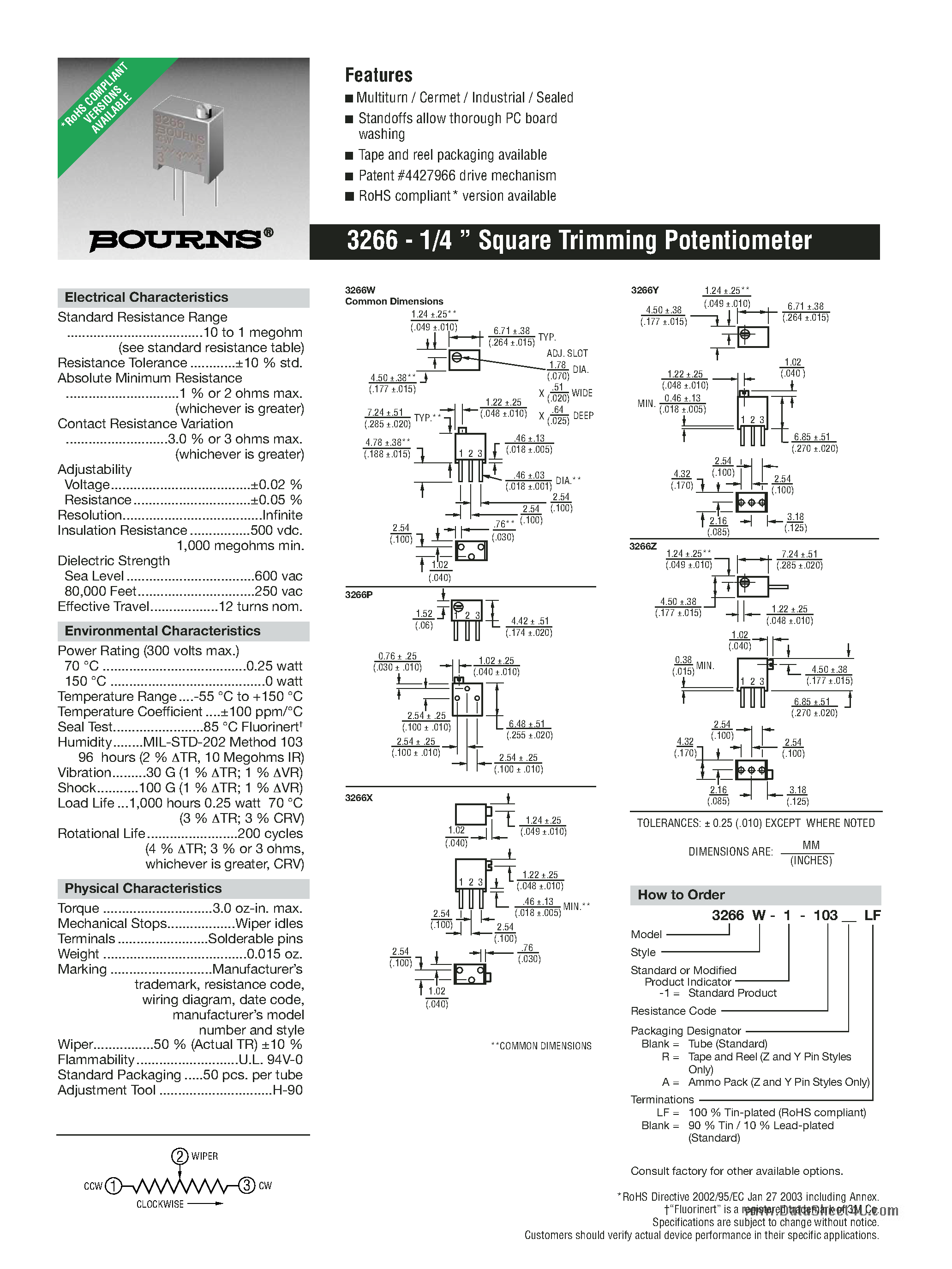Datasheet 3266 - 1/4 Square Trimming Potentiometer page 1