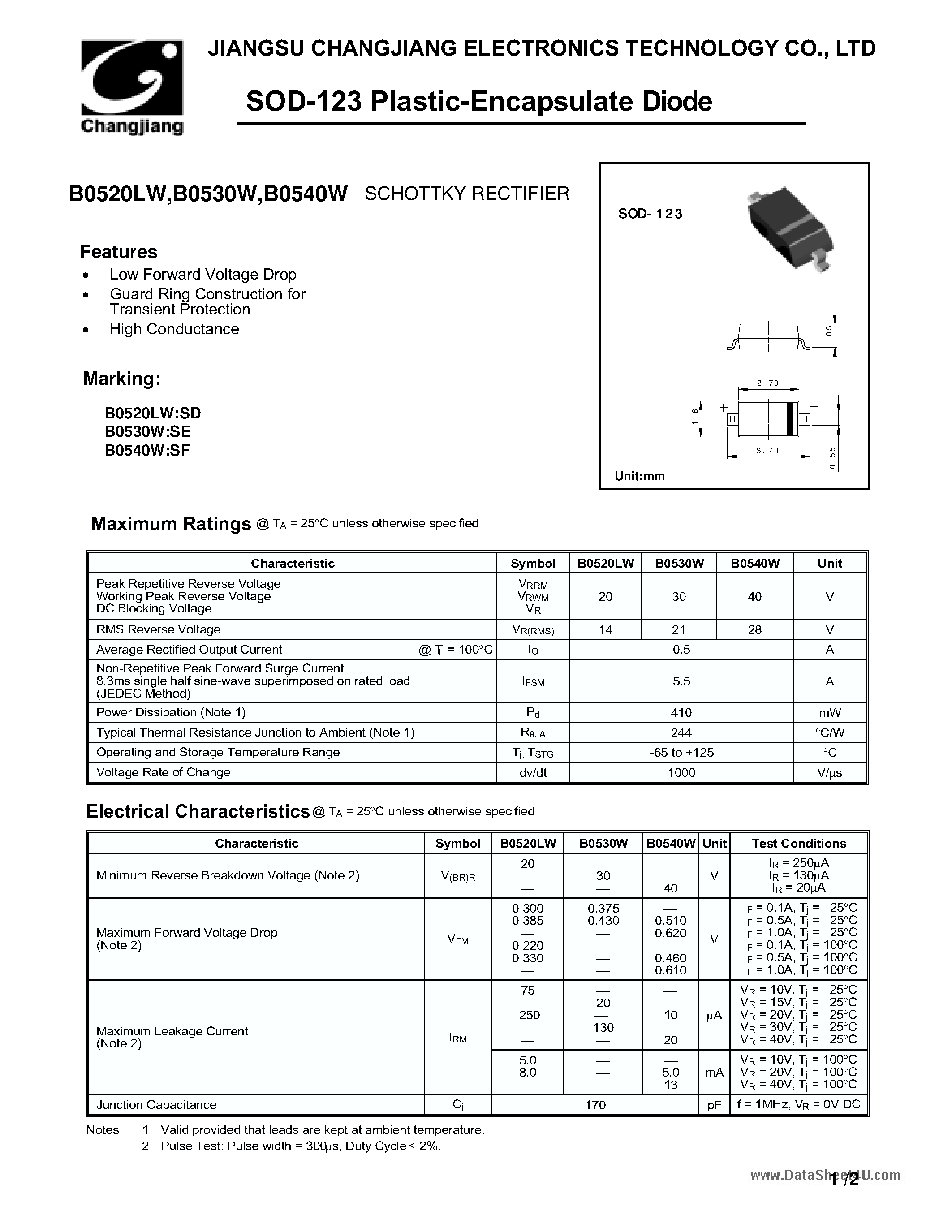 Datasheet B0520W page 1 Datasheet B0520W - (B0520W - B0540W) SCHOTTKY RECTIFIER page 1