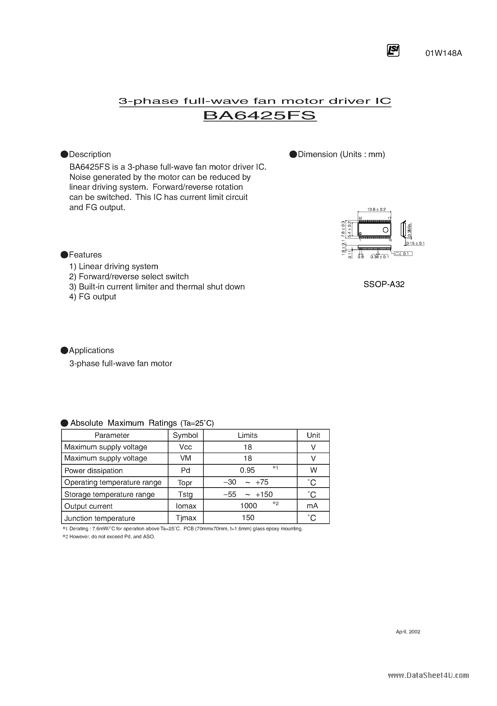Datasheet BA6425FS - 3-phase full-wave fan motor driver IC page 1