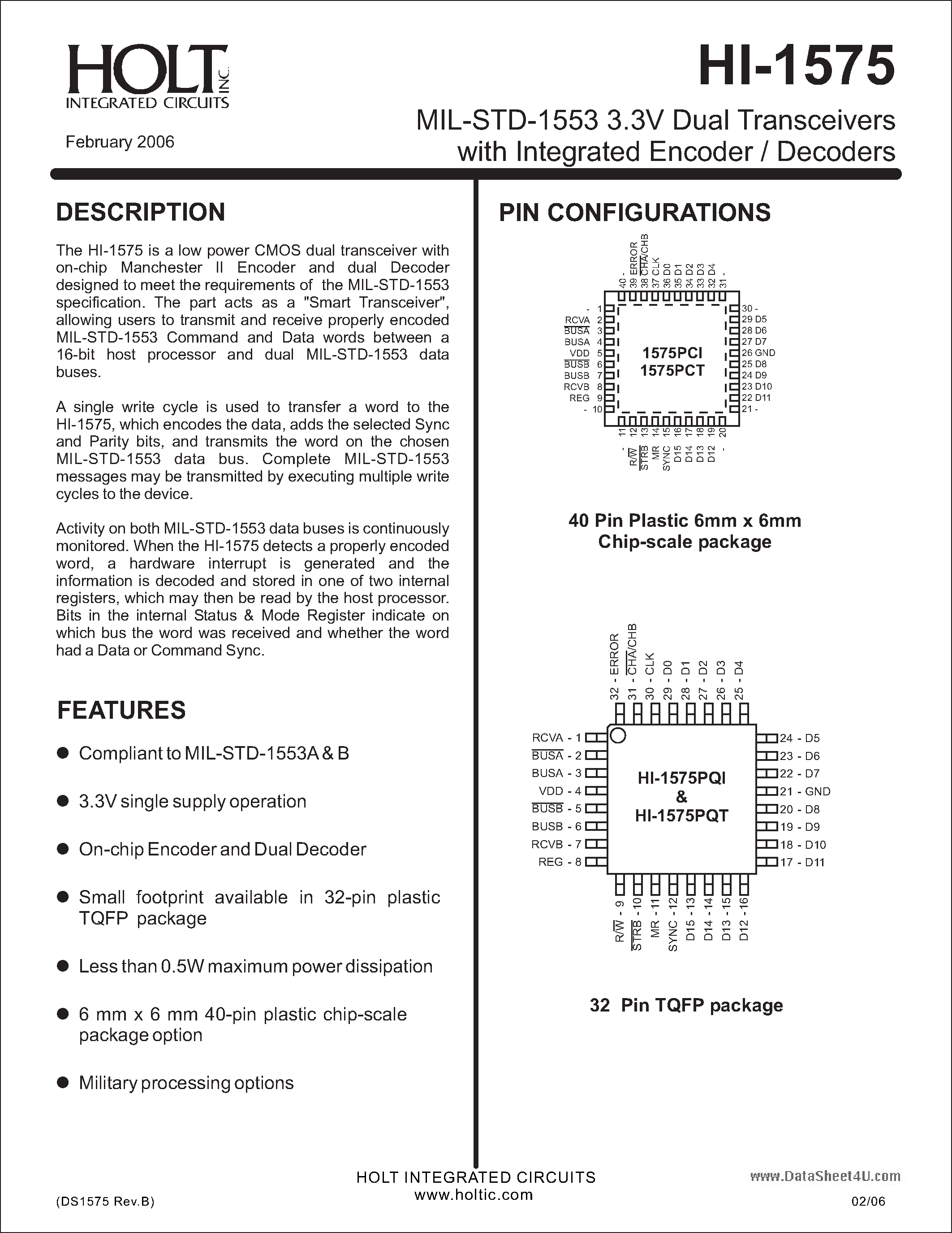 Даташит на микросхему HI-1575 страница 1 Даташит HI-1575 - 3.3V Dual Transceivers страница 1