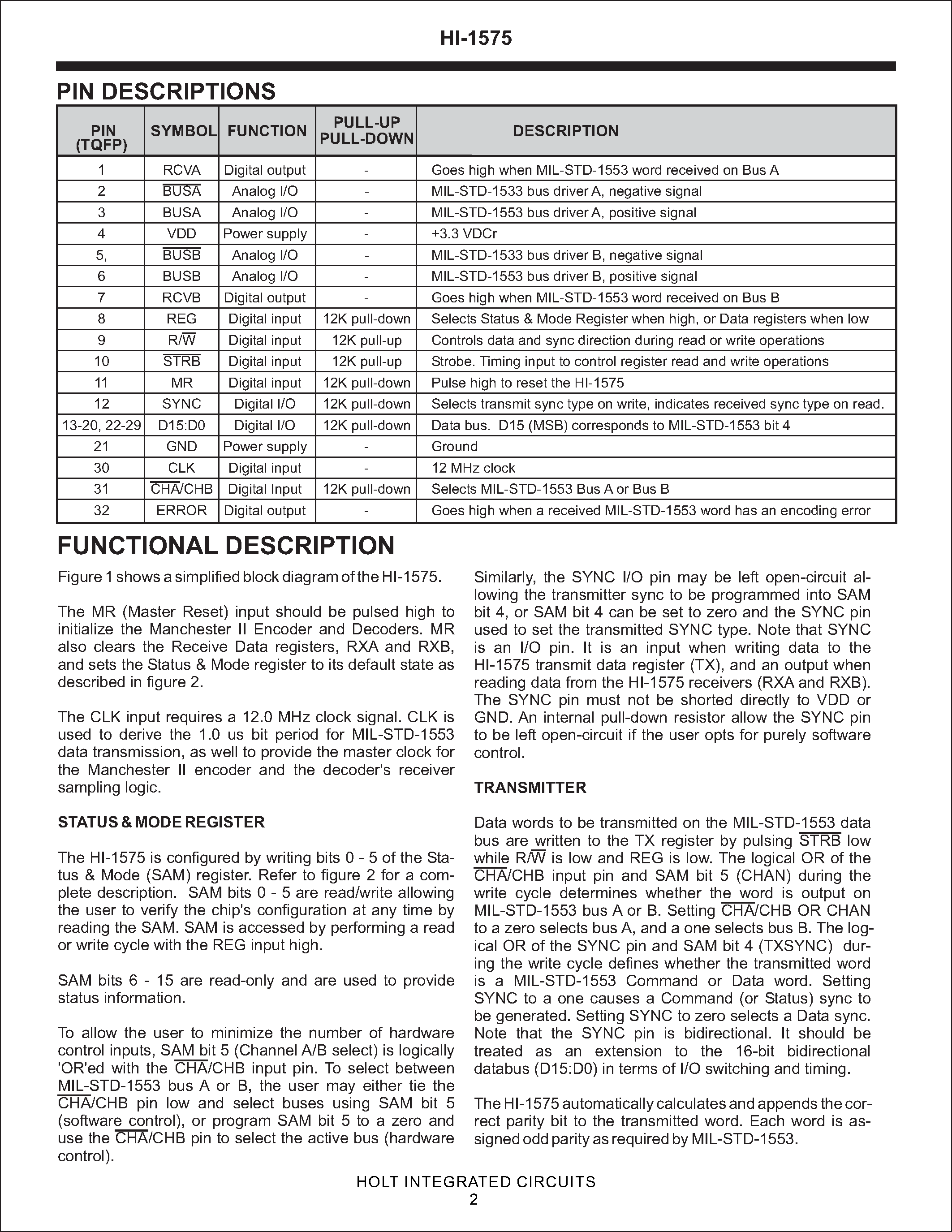 Даташит на микросхему HI-1575 страница 2 Даташит HI-1575 - 3.3V Dual Transceivers страница 2
