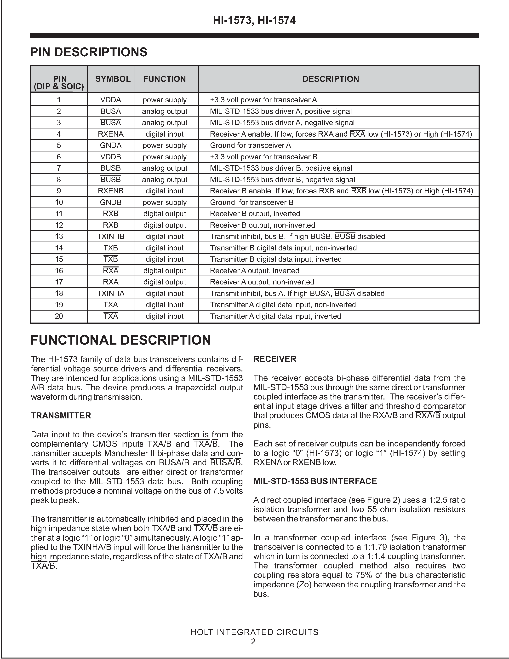 Даташит HI-1573 - (HI-1573 / HI-1574) 3.3V Monolithic Dual Transceivers страница 2