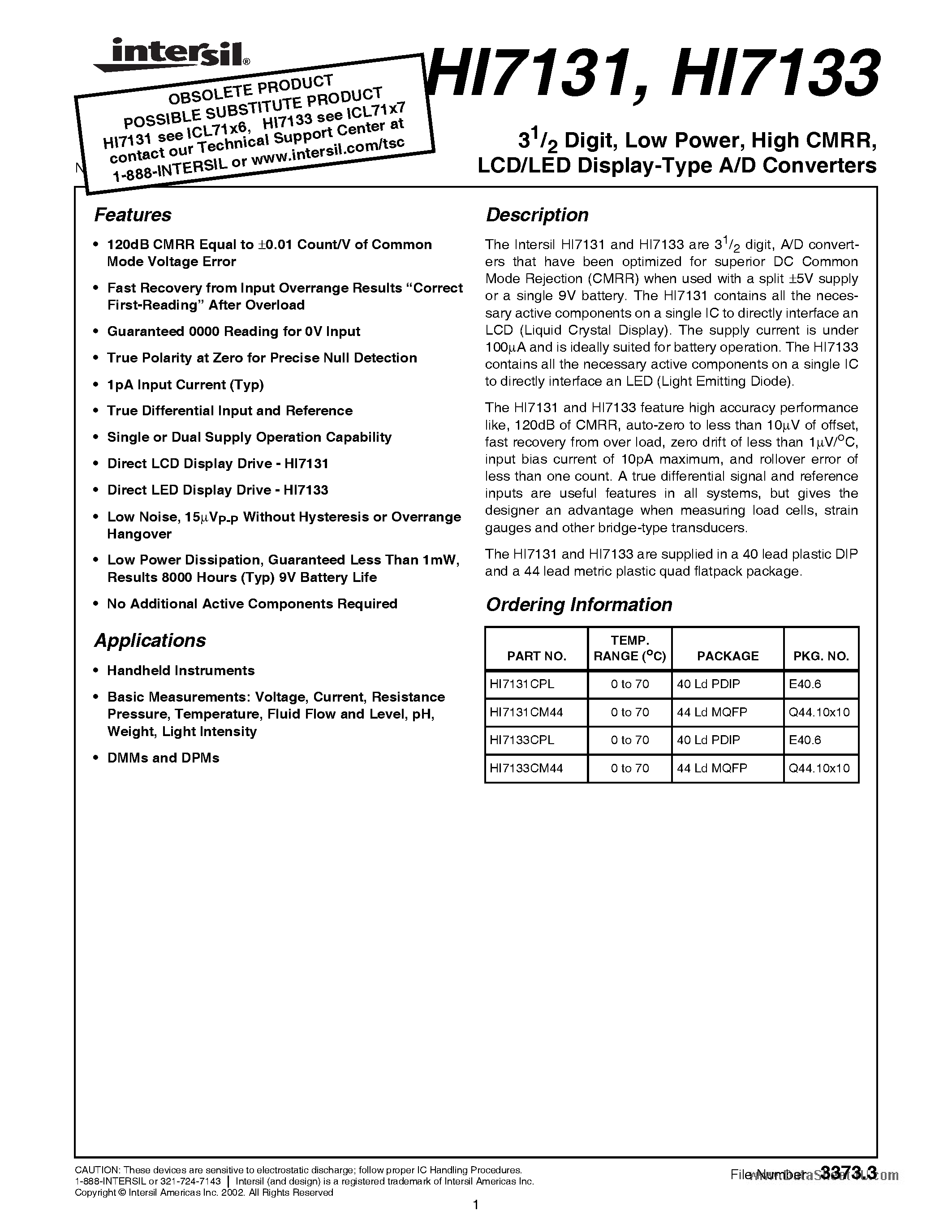 Даташит HI7131 - (HI7131 / HI7133) LCD/LED Display-Type A/D Converters страница 1