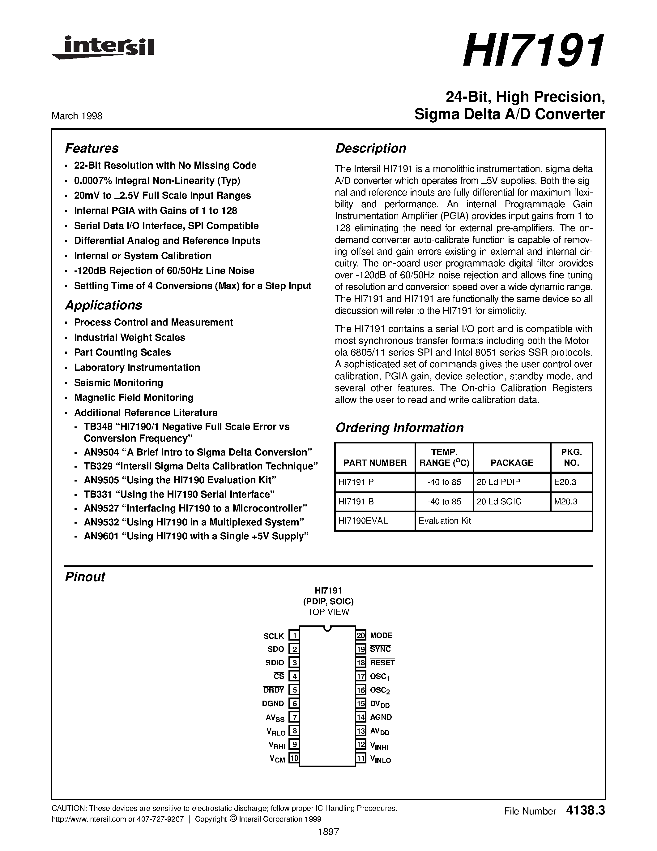 Даташит на микросхему HI7191 страница 1 Даташит HI7191 - Sigma Delta A/D Converter страница 1