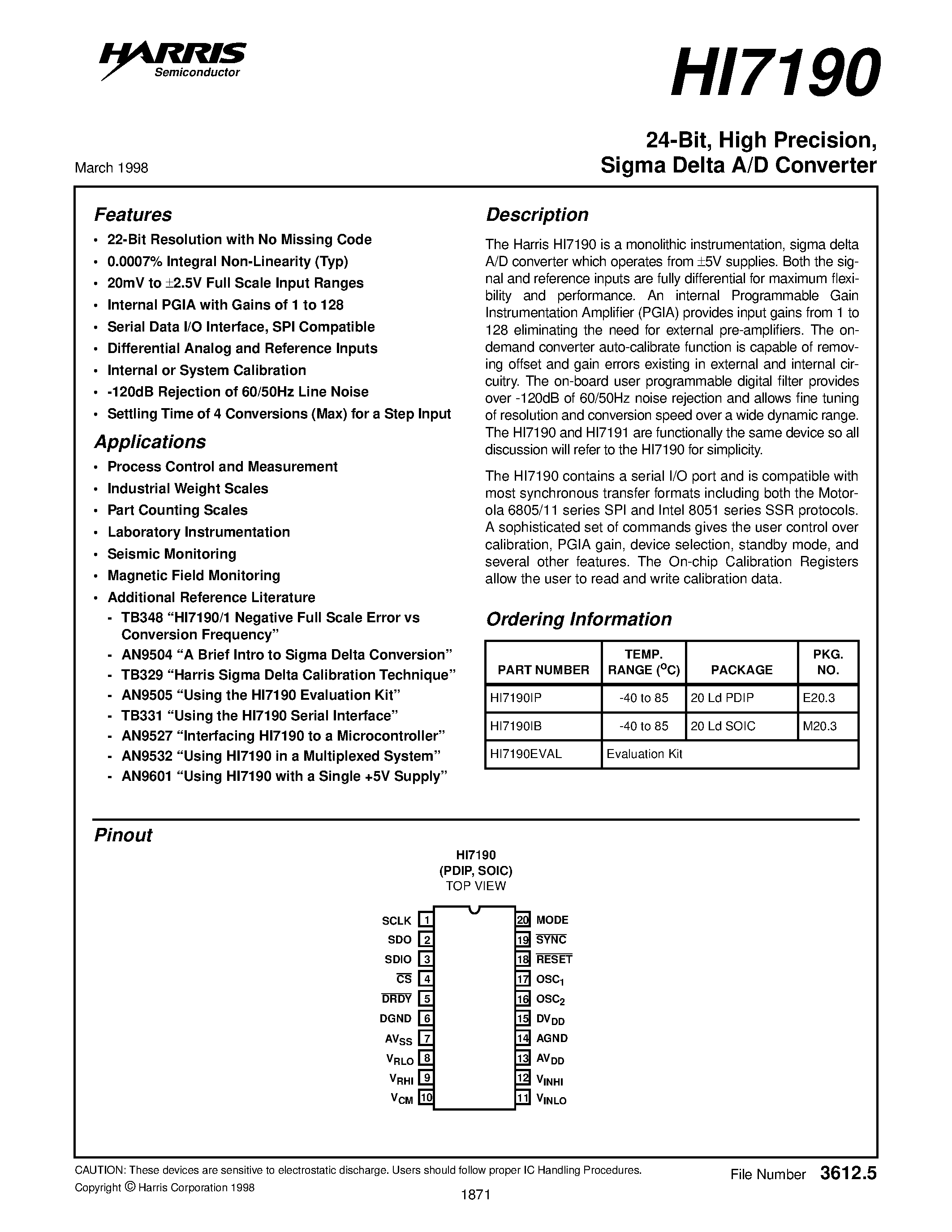 Даташит на микросхему HI7190 страница 1 Даташит HI7190 - Sigma Delta A/D Converter страница 1