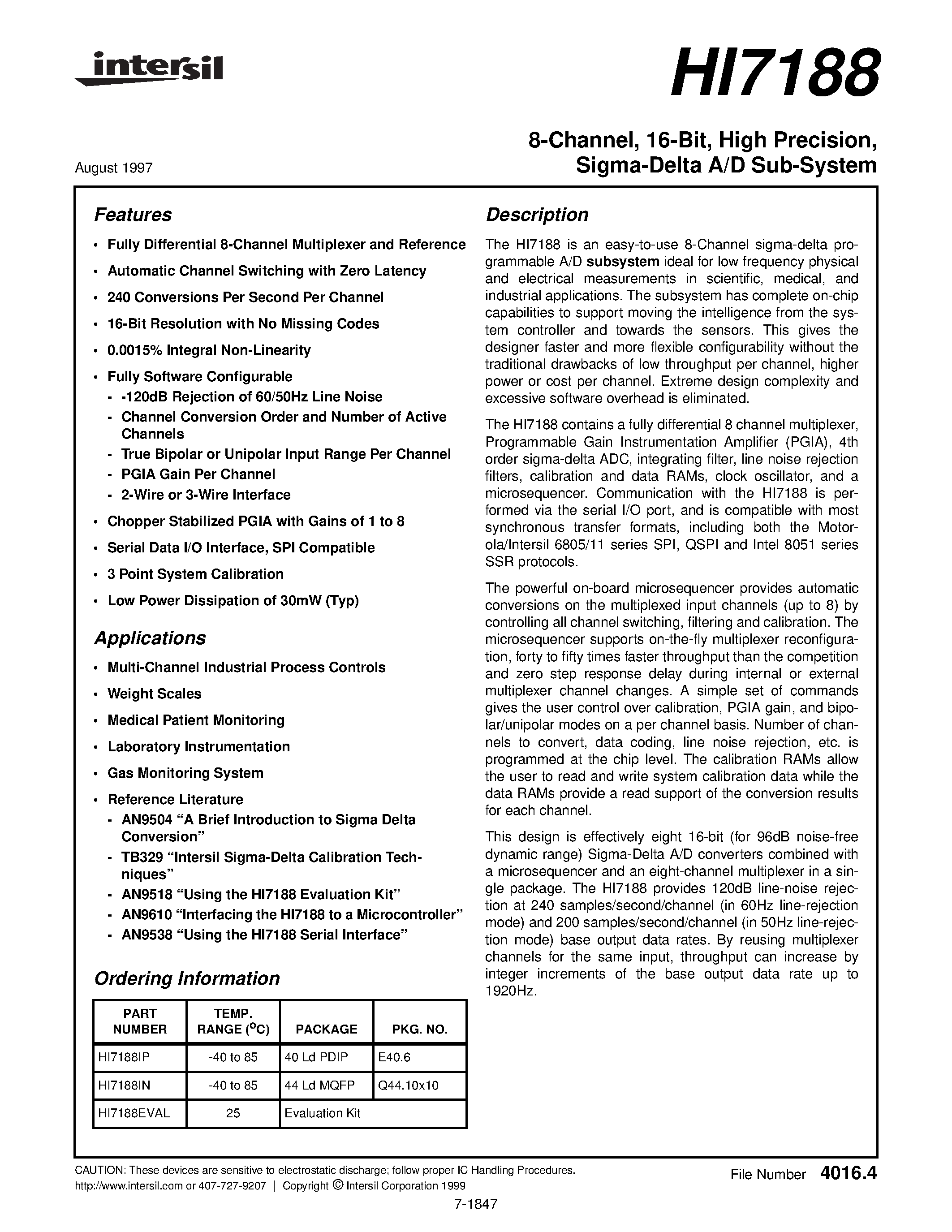Даташит HI7188 - Sigma-Delta A/D Sub-System страница 1