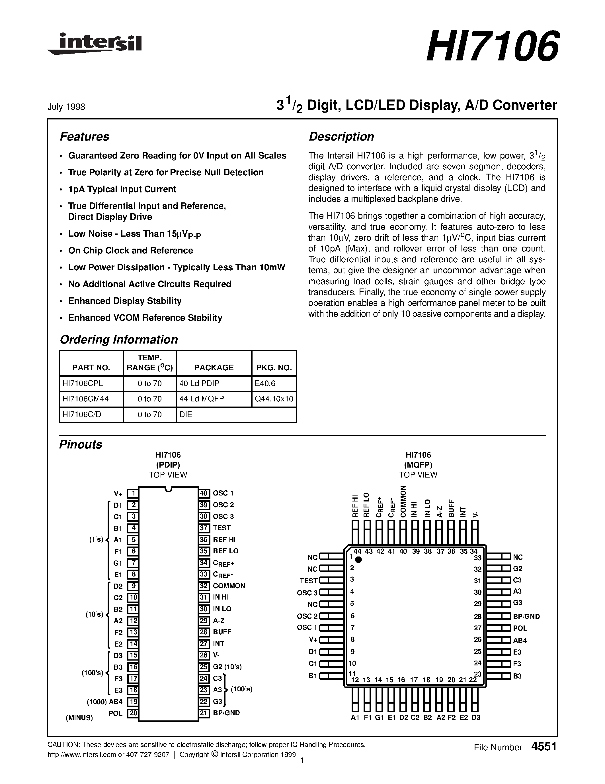 Даташит HI7106 - A/D Converter страница 1