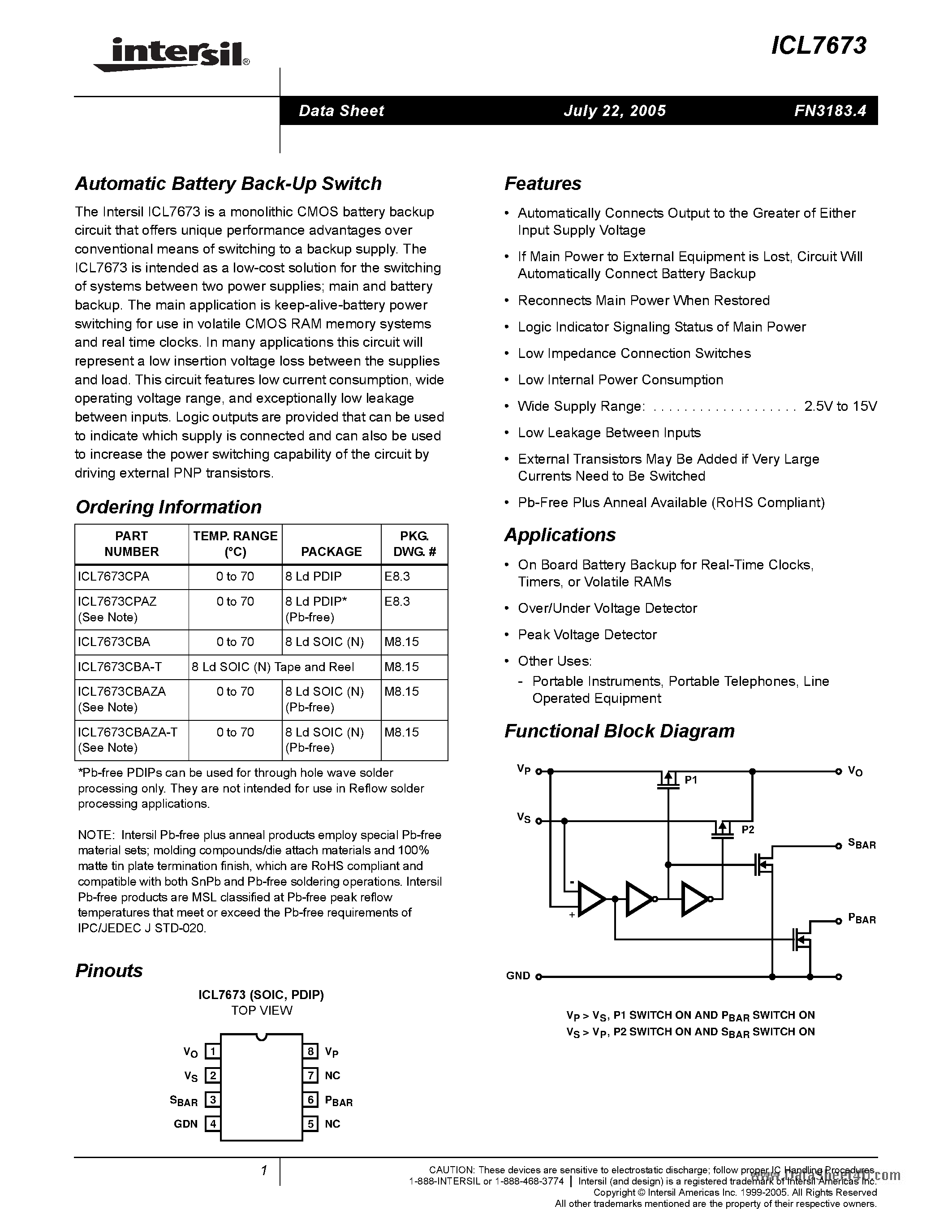 Datasheet ICL7673 - Automatic Battery Back-Up Switch page 1
