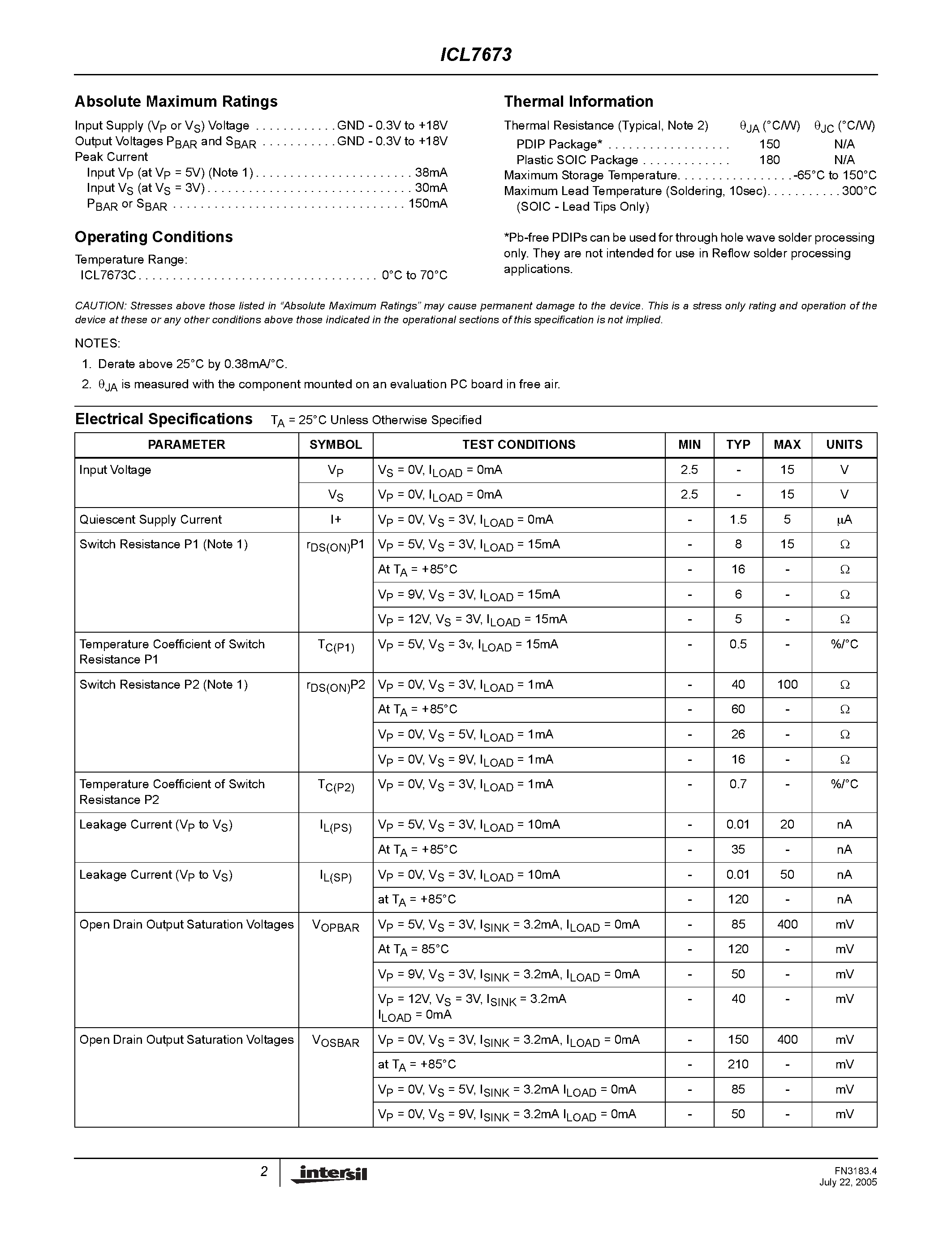 Datasheet ICL7673 - Automatic Battery Back-Up Switch page 2