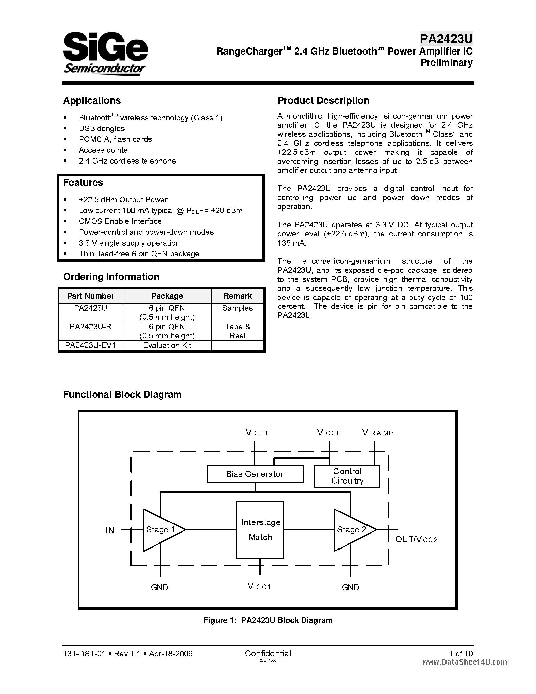 Datasheet PA2423U - 2.4 GHz Bluetoothtm Power Amplifier IC Preliminary page 1