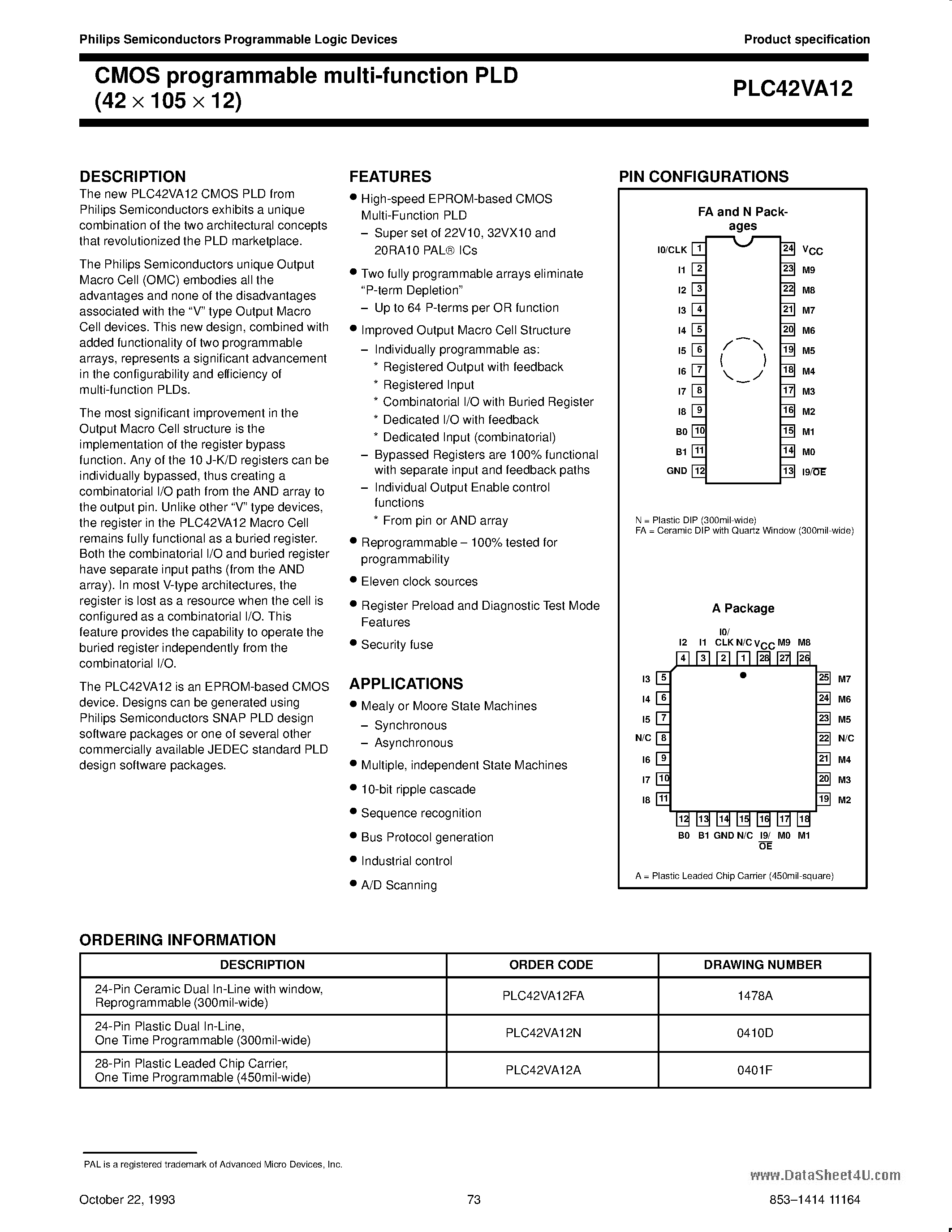 Datasheet PLC42VA12 - CMOS programmable multi-function PLD 42 x 105 x 12 page 1
