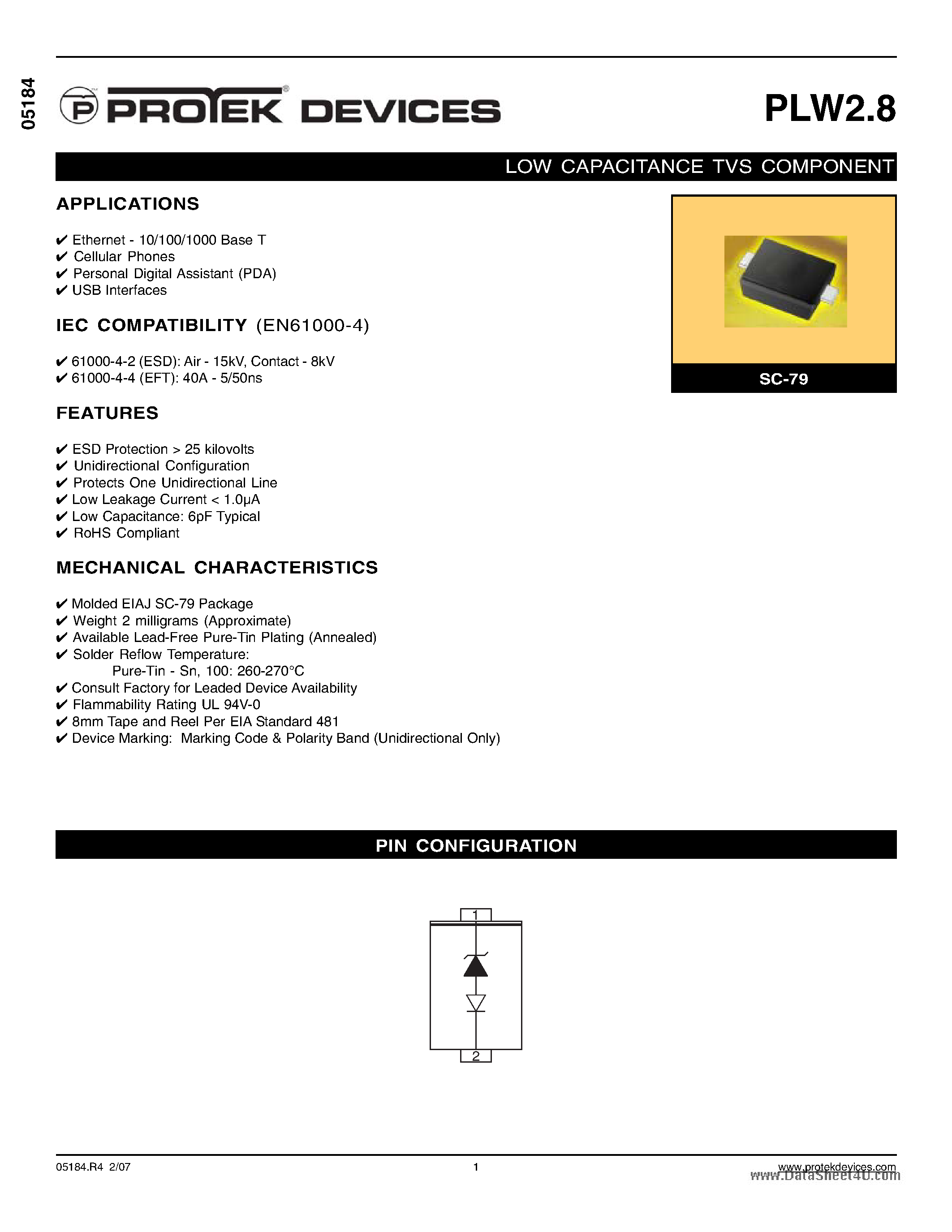 Datasheet PLW2.8 - LOW CAPACITANCE TVS COMPONENT page 1
