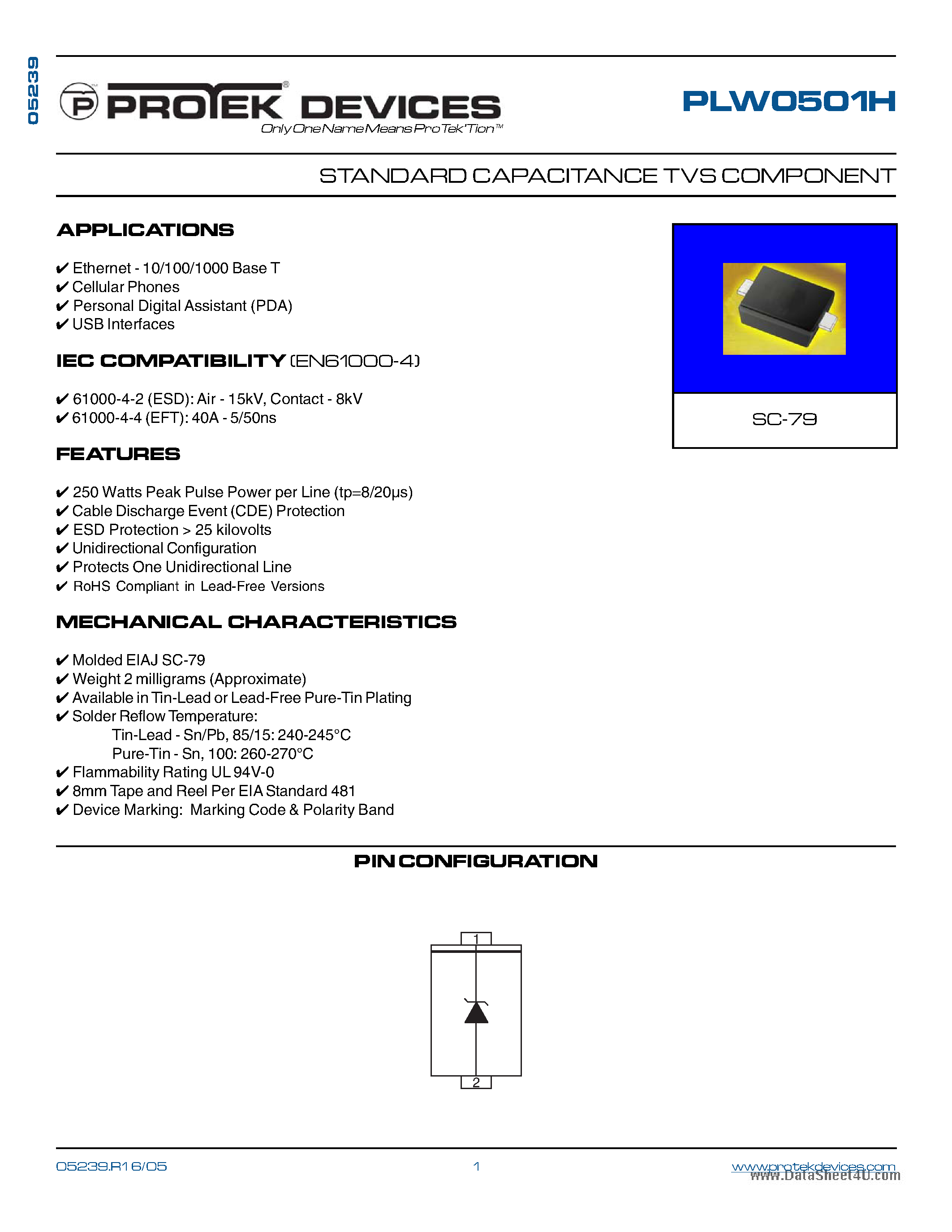 Даташит на микросхему PLW0501H страница 1 Даташит PLW0501H - STANDARD CAPACITANCE TVS COMPONENT страница 1