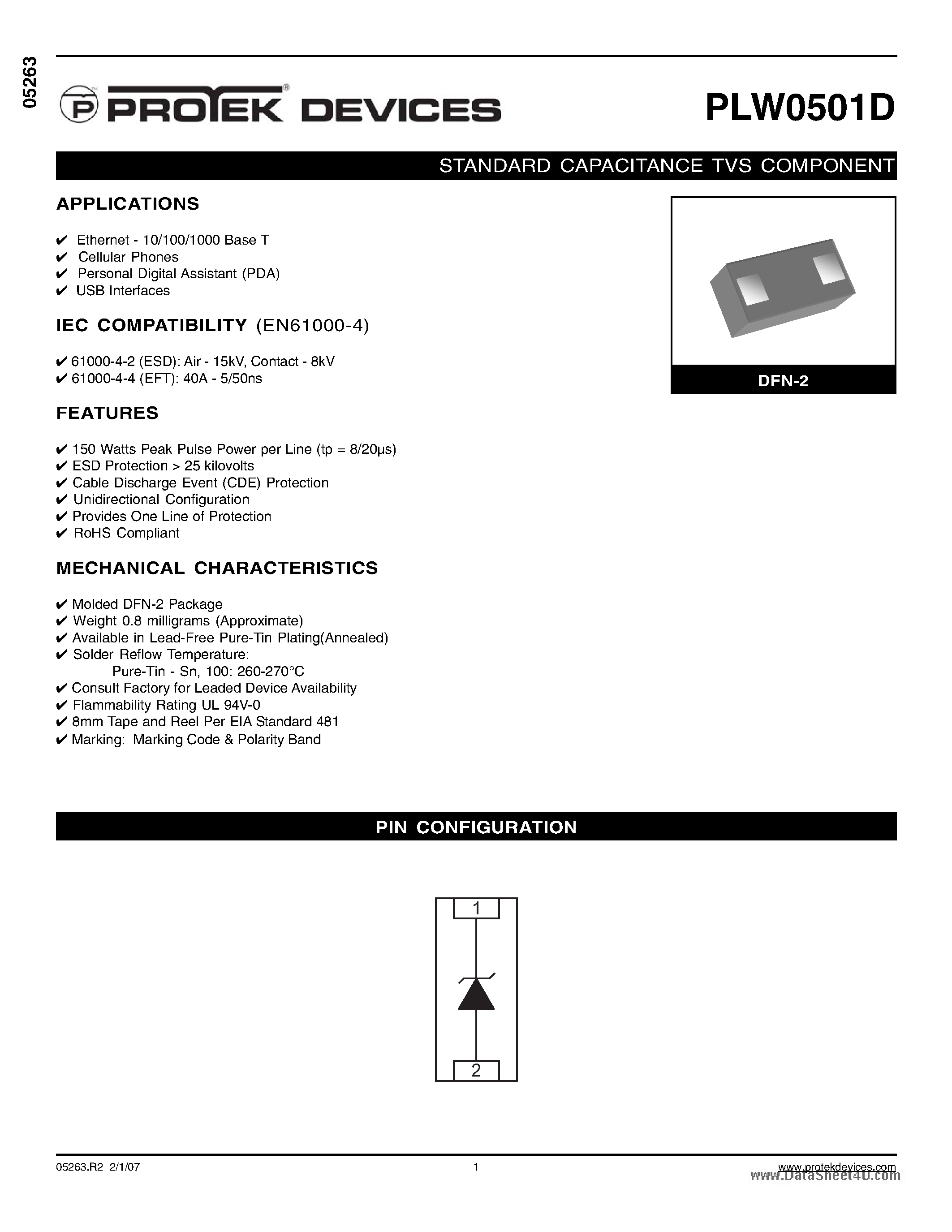 Даташит на микросхему PLW0501D страница 1 Даташит PLW0501D - STANDARD CAPACITANCE TVS COMPONENT страница 1