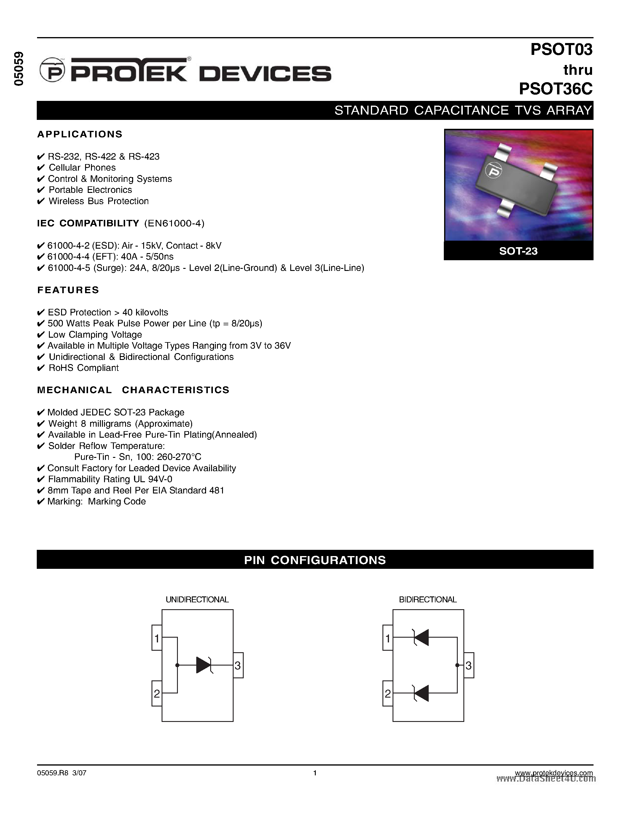 Даташит PSOT03 - (PSOT03 - PSOT36C) STANDARD CAPACITANCE TVS ARRAY страница 1