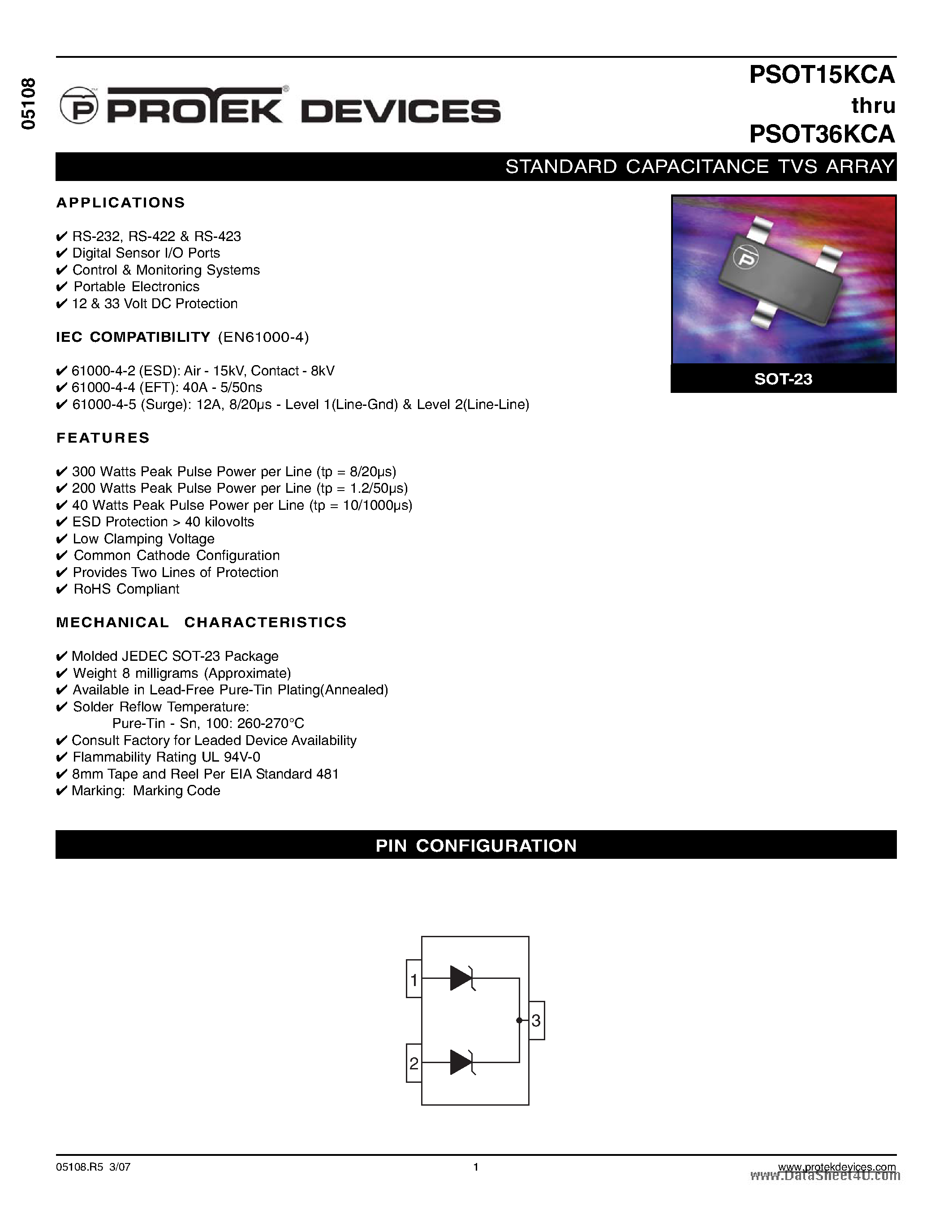 Даташит PSOT15KCA - (PSOT15KCA - PSOT36KCA) STANDARD CAPACITANCE TVS ARRAY страница 1
