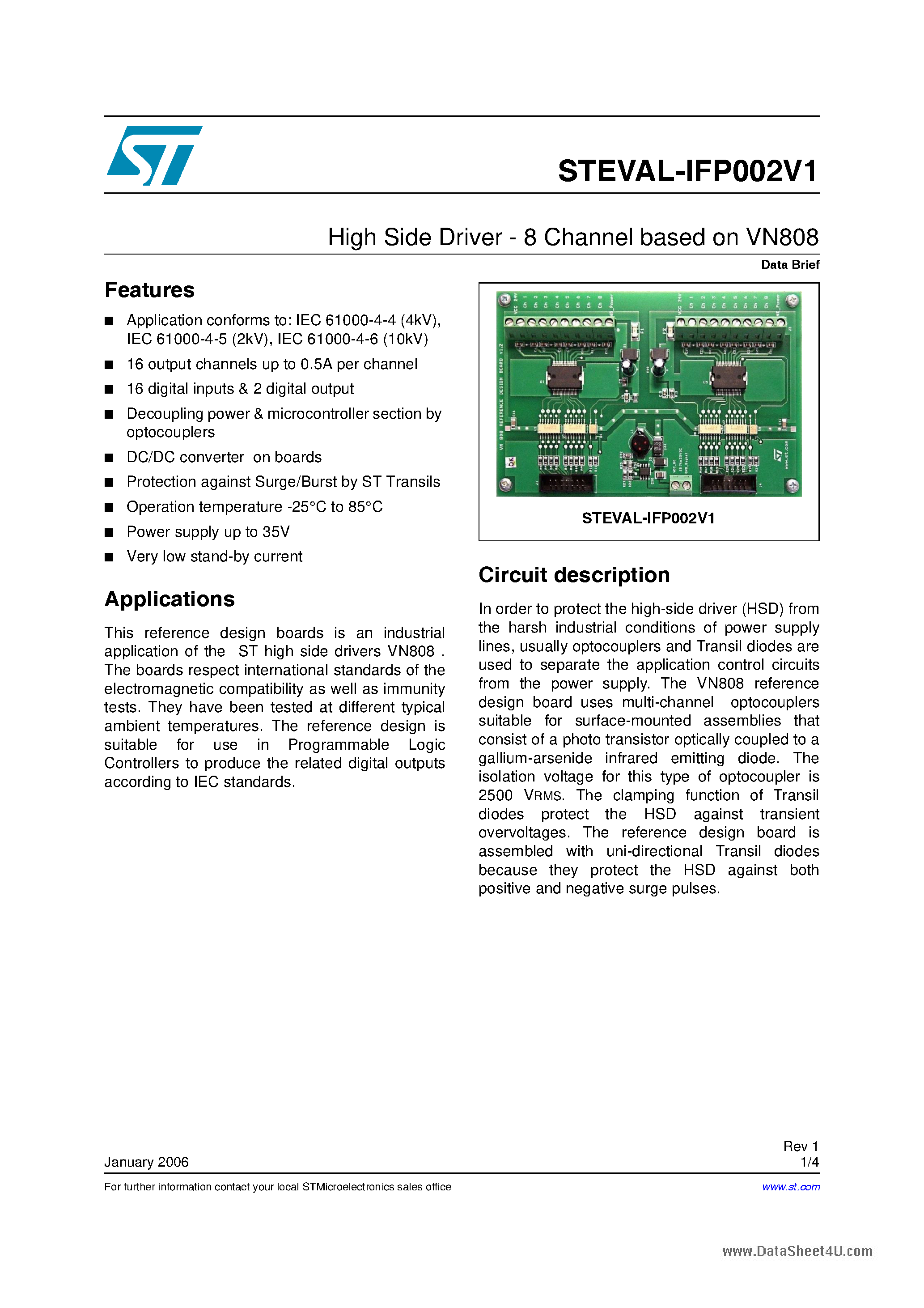 Datasheet STEVAL-IFP002V1 page 1 Datasheet STEVAL-IFP002V1 - High Side Driver - 8 Channel based on VN808 page 1
