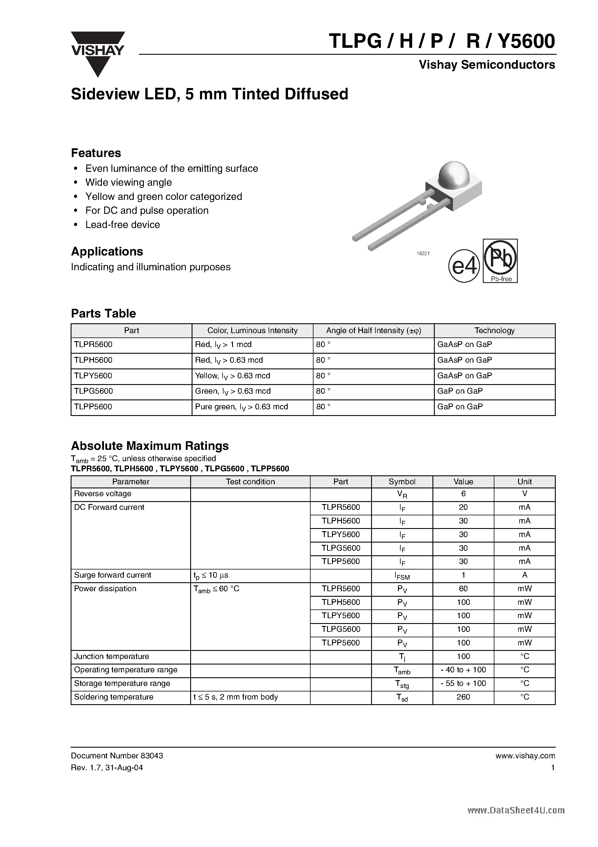 Datasheet TLPG5600 - Sideview LED page 1