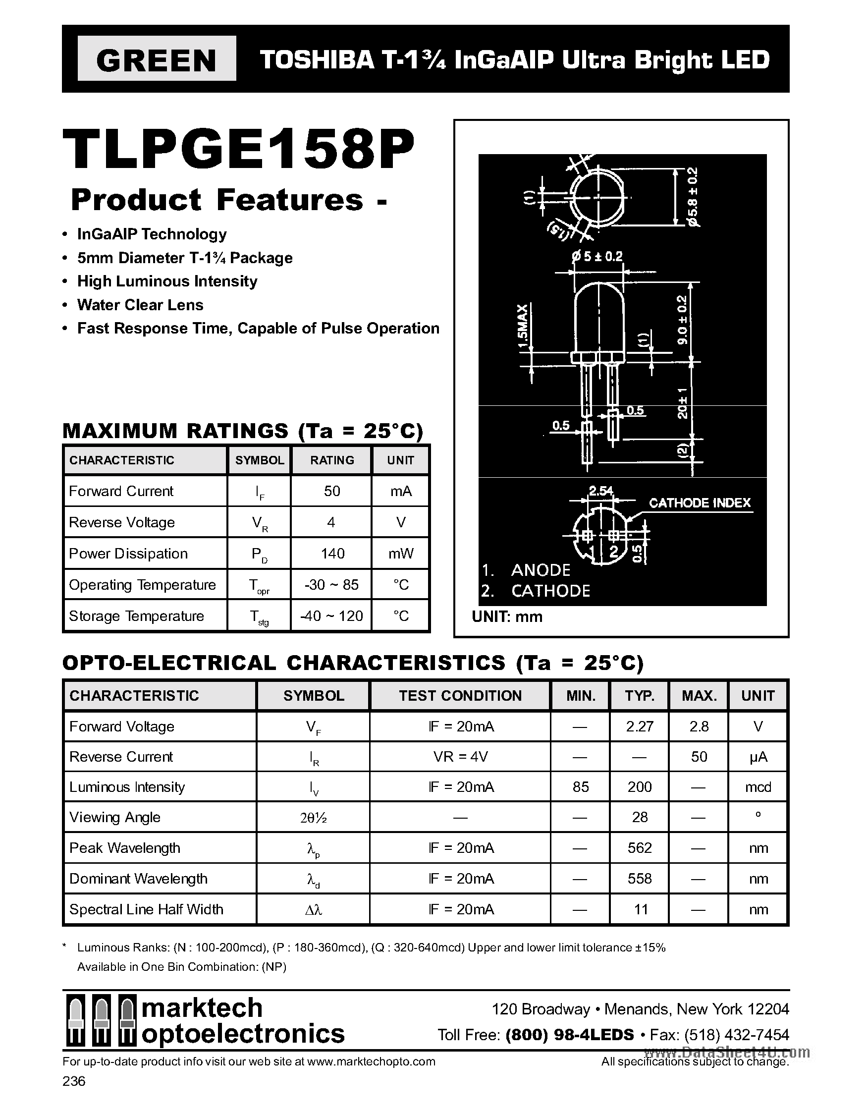 Datasheet TLPGE158P page 1 Datasheet TLPGE158P - T-1 3/4 InGaAIP Ultra Bright LED page 1