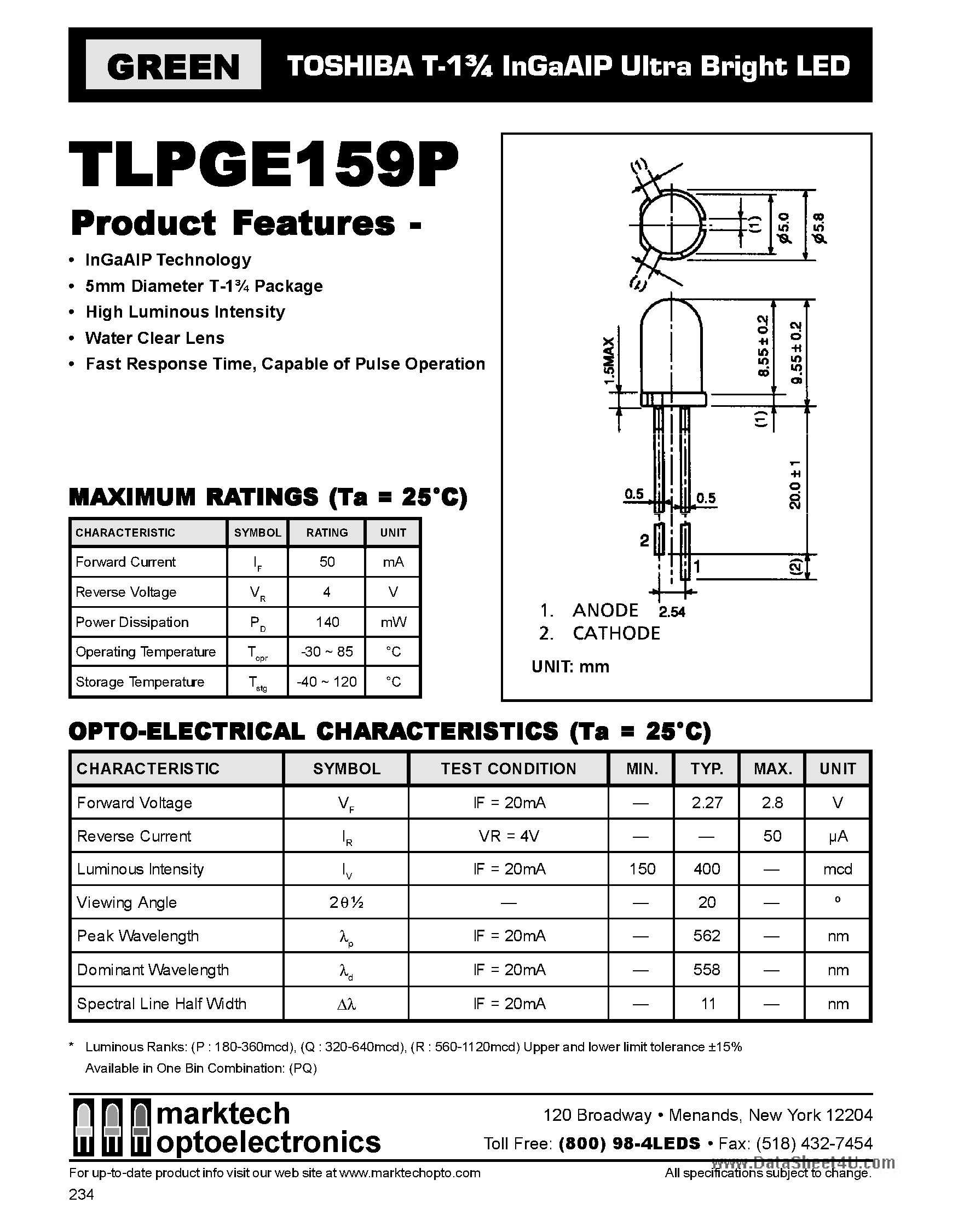 Datasheet TLPGE159P page 1 Datasheet TLPGE159P - T-1 3/4 InGaAIP Ultra Bright LED page 1