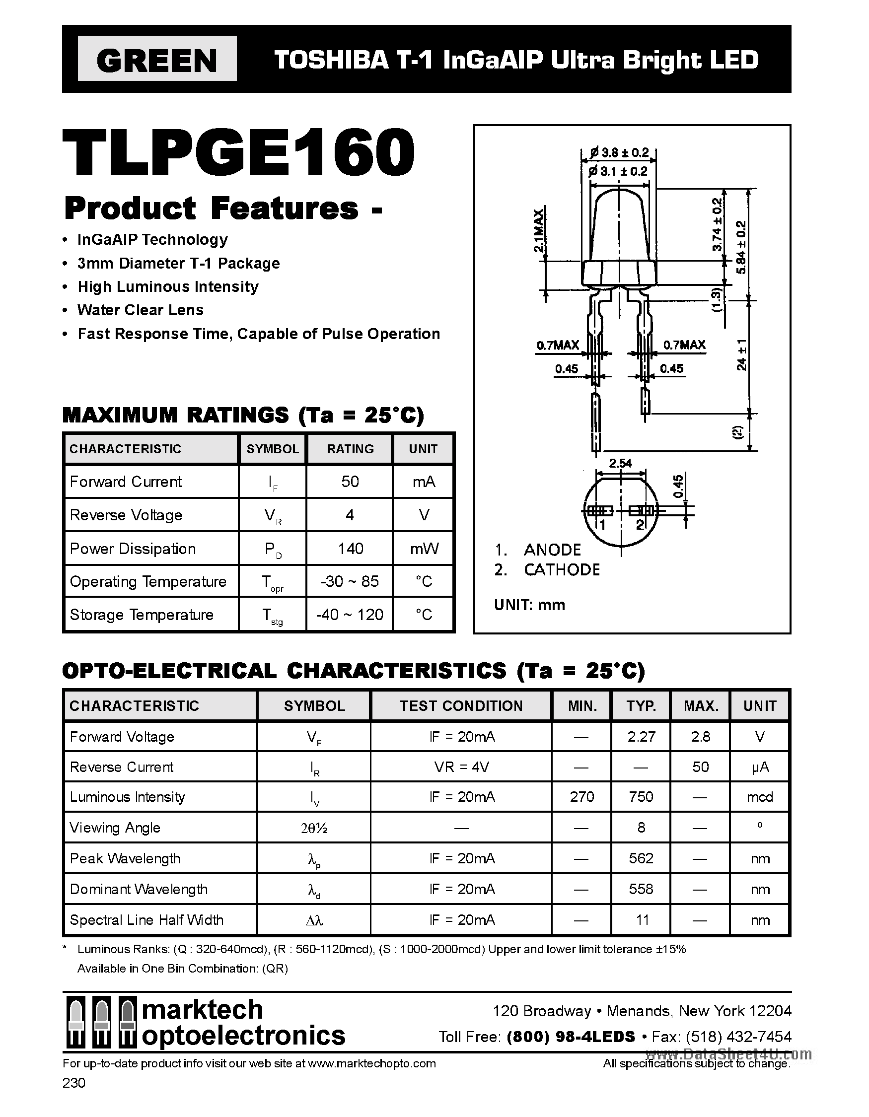 Datasheet TLPGE160 - T-1 InGaAIP Ultra Bright LED page 1