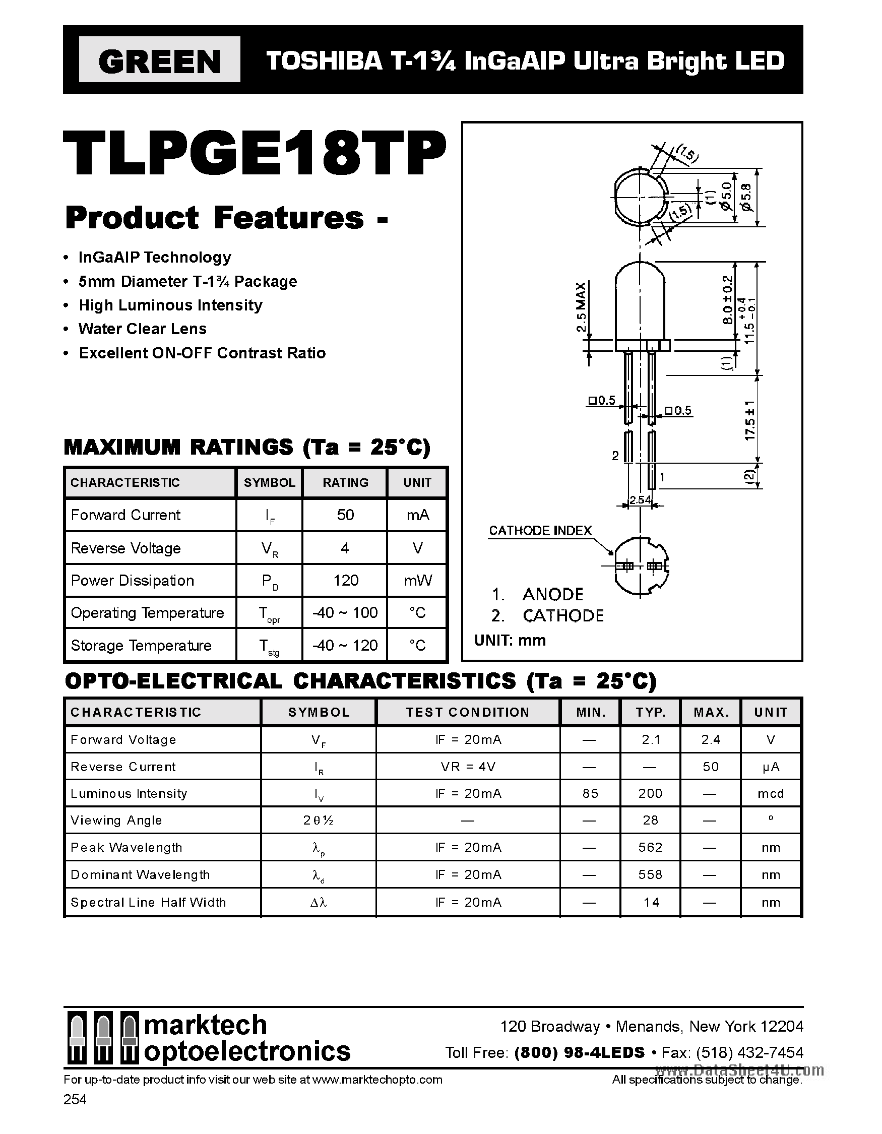 Datasheet TLPGE18TP page 1 Datasheet TLPGE18TP - T-1 3/4 InGaAIP Ultra Bright LED page 1