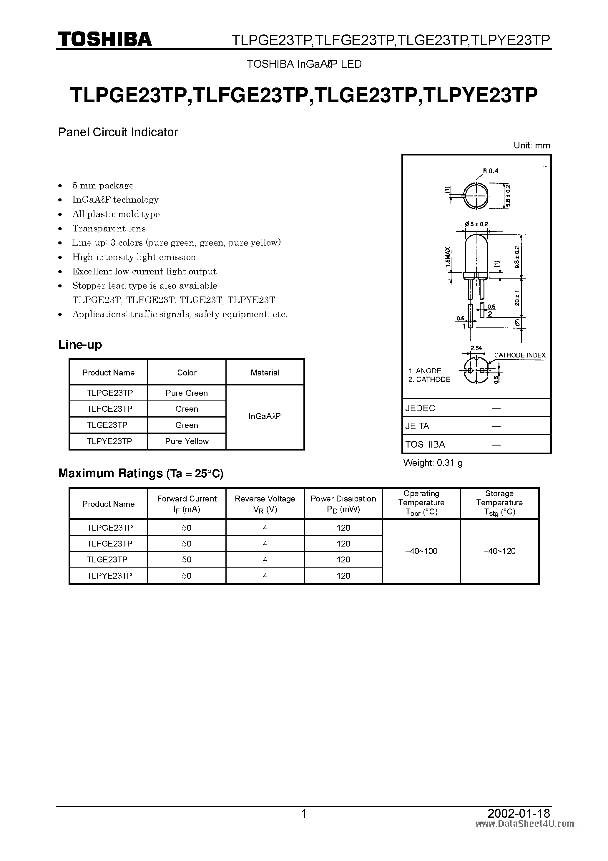 Datasheet TLPGE23TP - InGaALP LED page 1