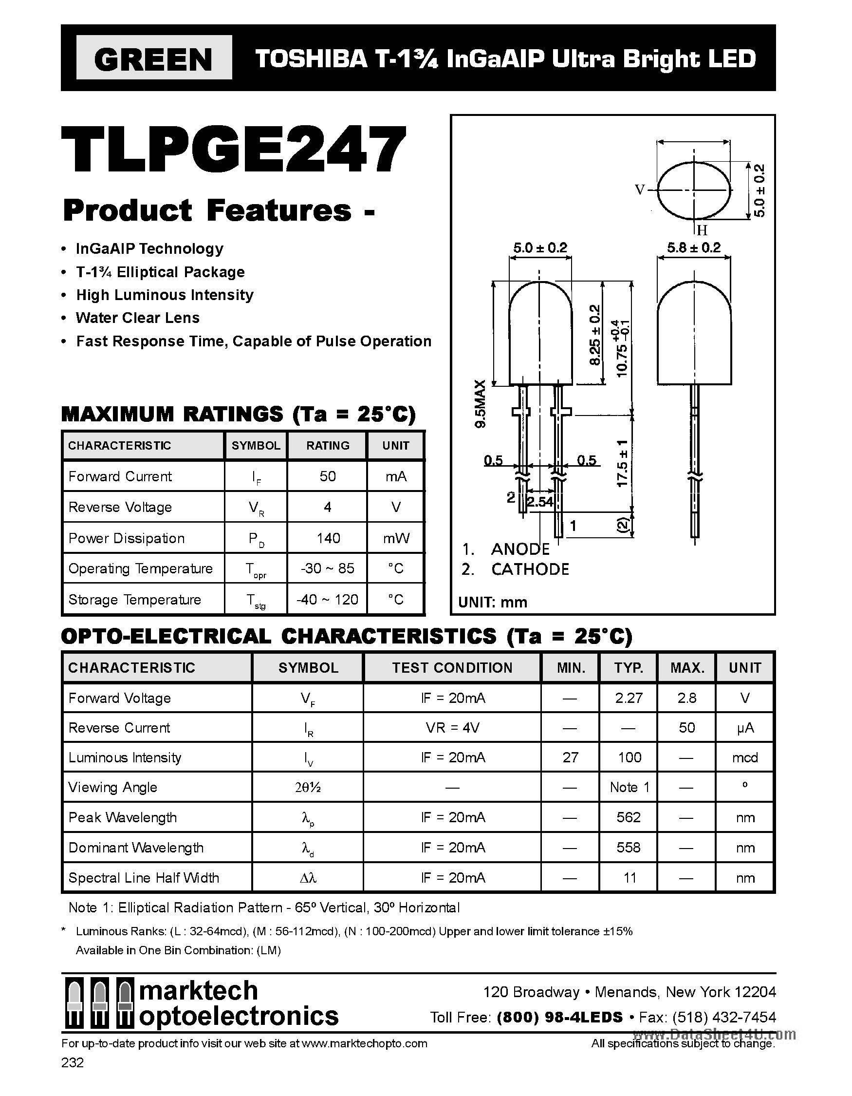 Datasheet TLPGE247 page 1 Datasheet TLPGE247 - T-1 3/4 InGaAIP Ultra Bright LED page 1