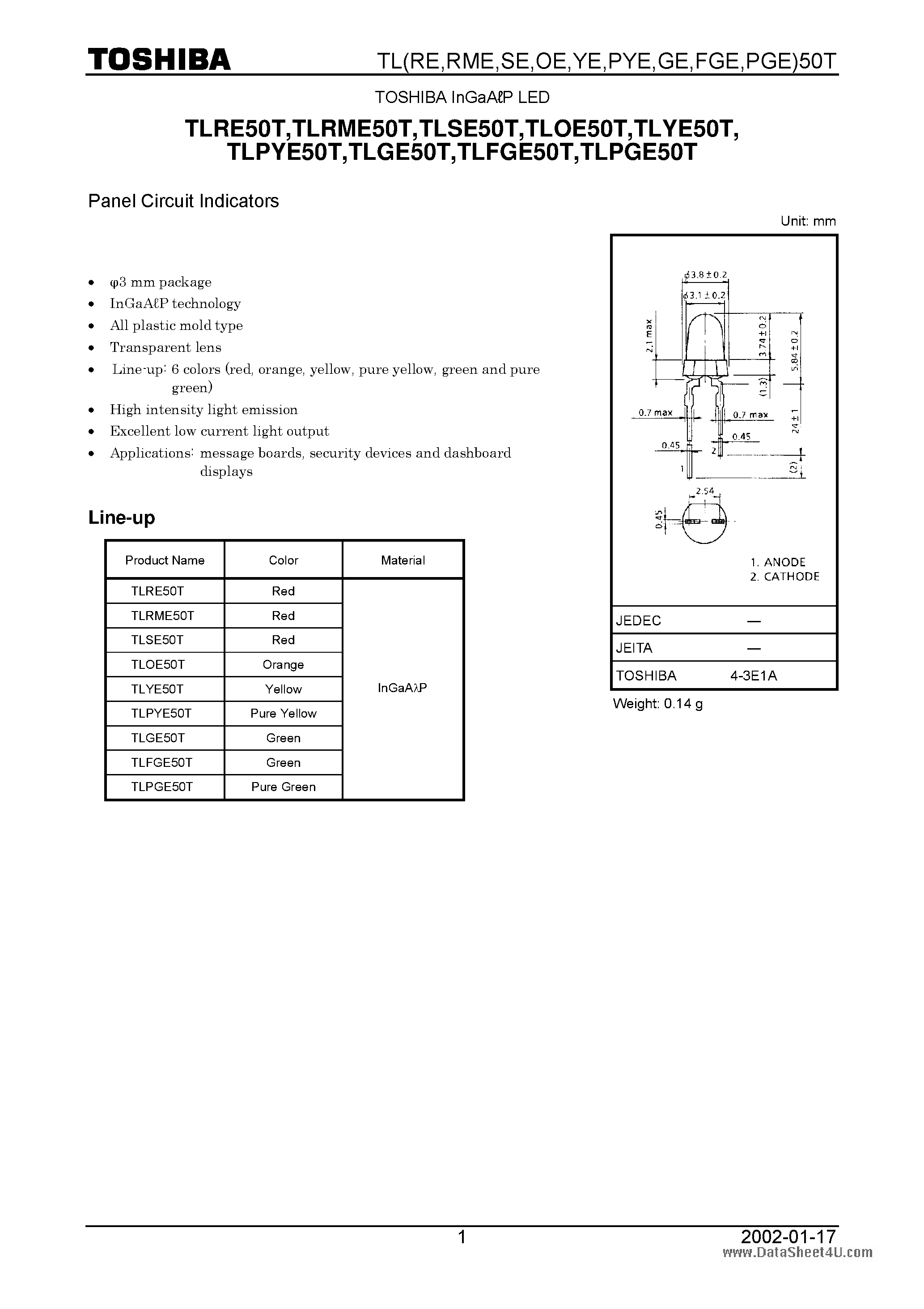 Datasheet TLPGE50T - InGaALP LED page 1