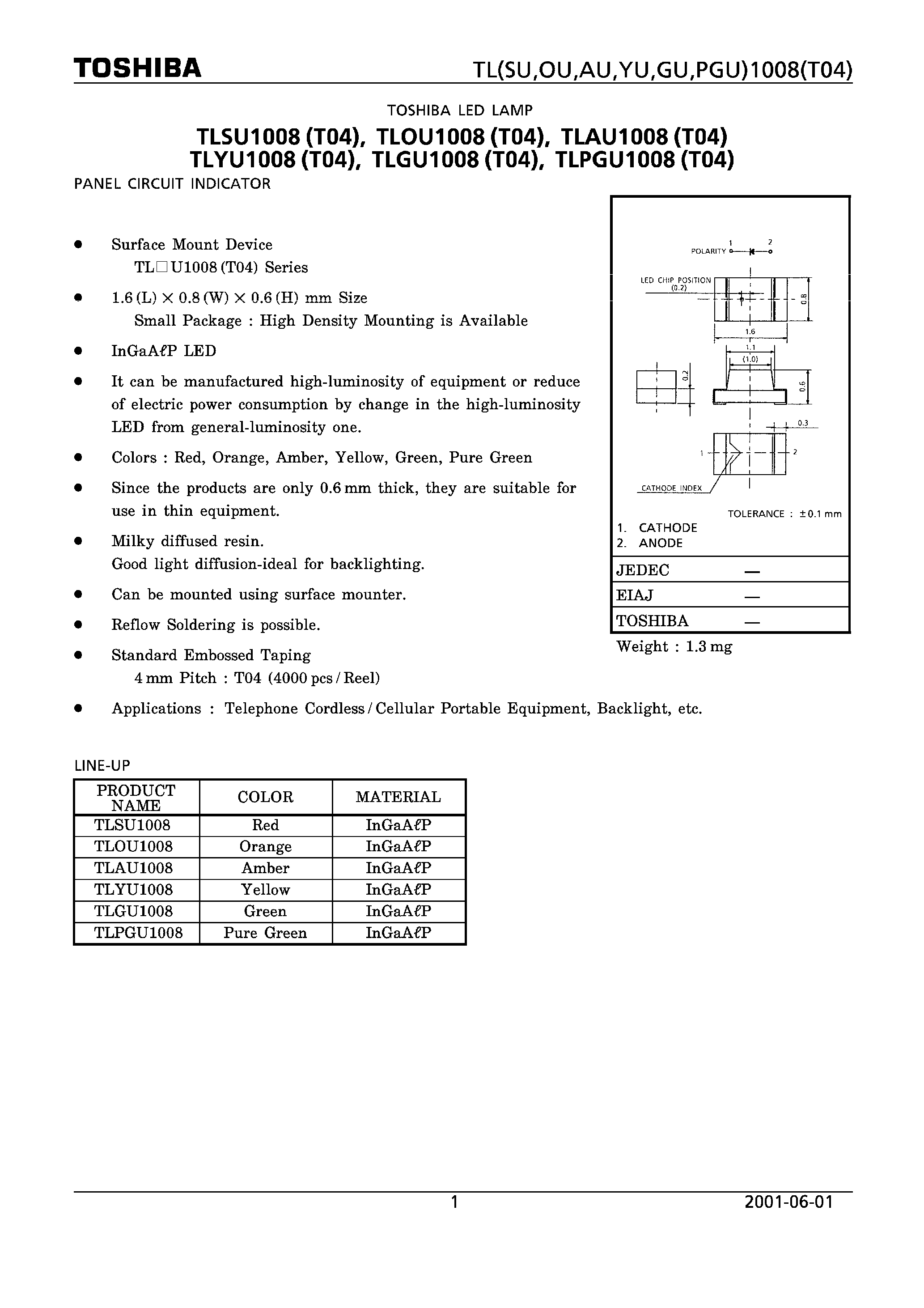Datasheet TLPGU1008 page 1 Datasheet TLPGU1008 - LED LAMP page 1