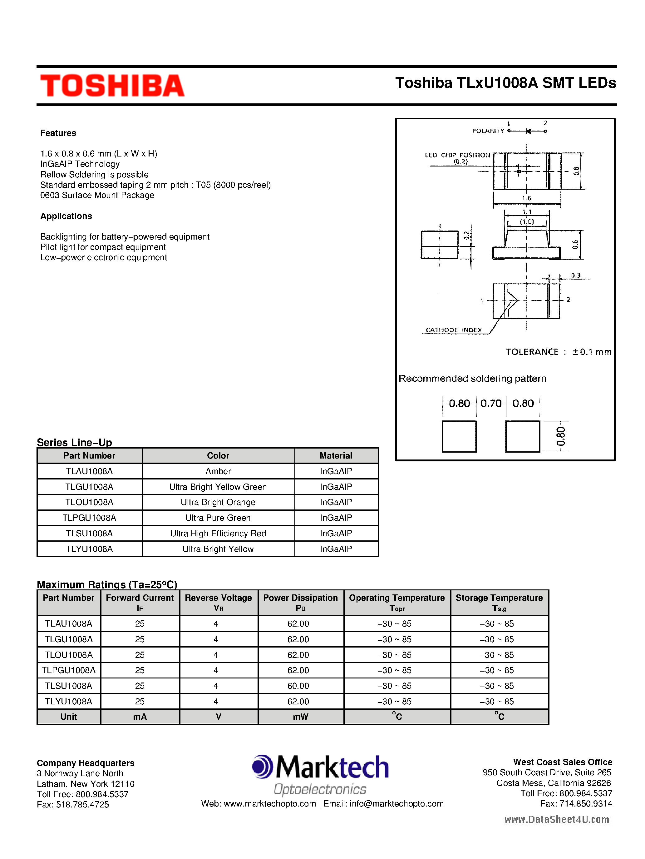Datasheet TLPGU1008A page 1 Datasheet TLPGU1008A - SMT LEDs page 1