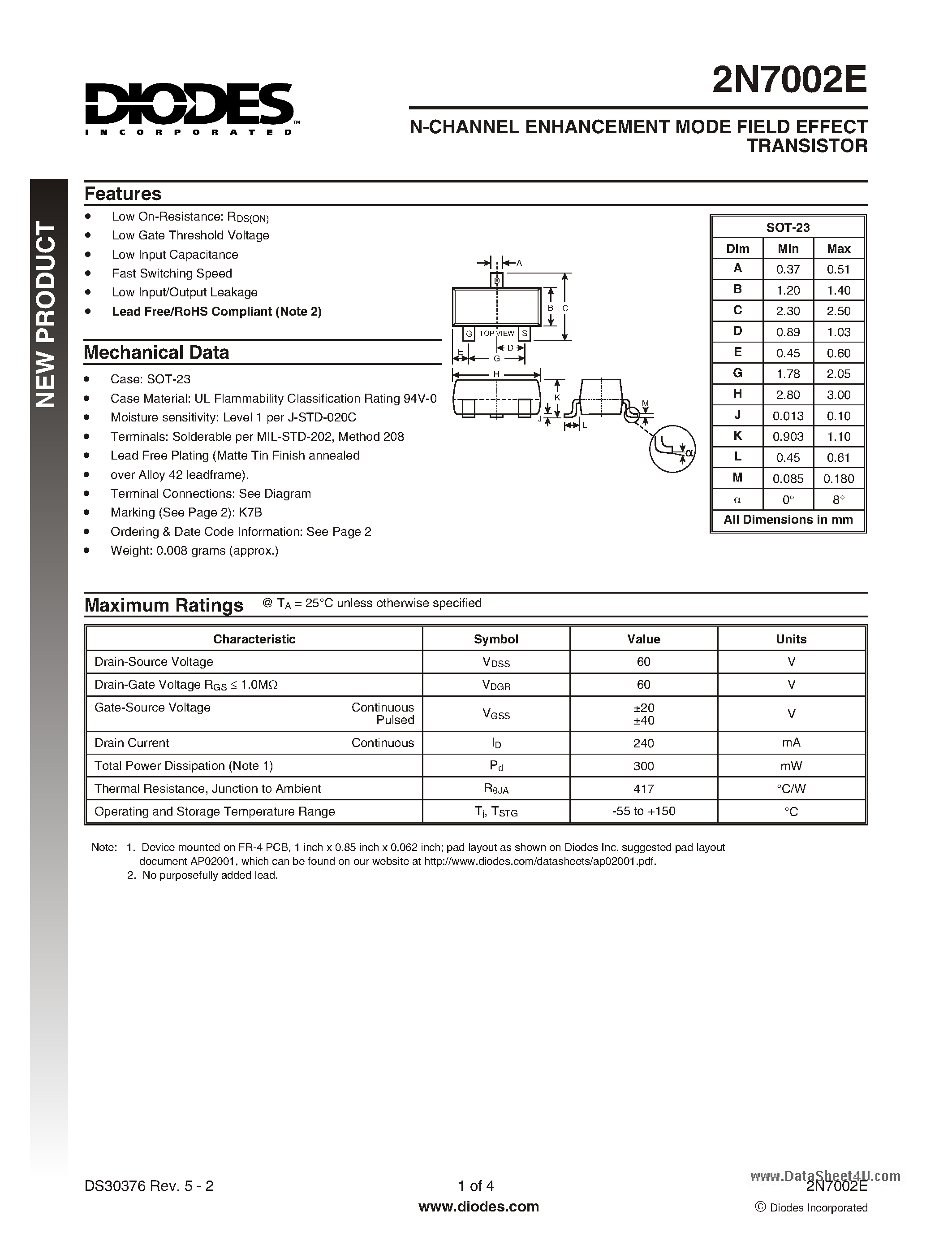 Datasheet 2N7002E - N-CHANNEL ENHANCEMENT MODE FIELD EFFECT TRANSISTOR page 1