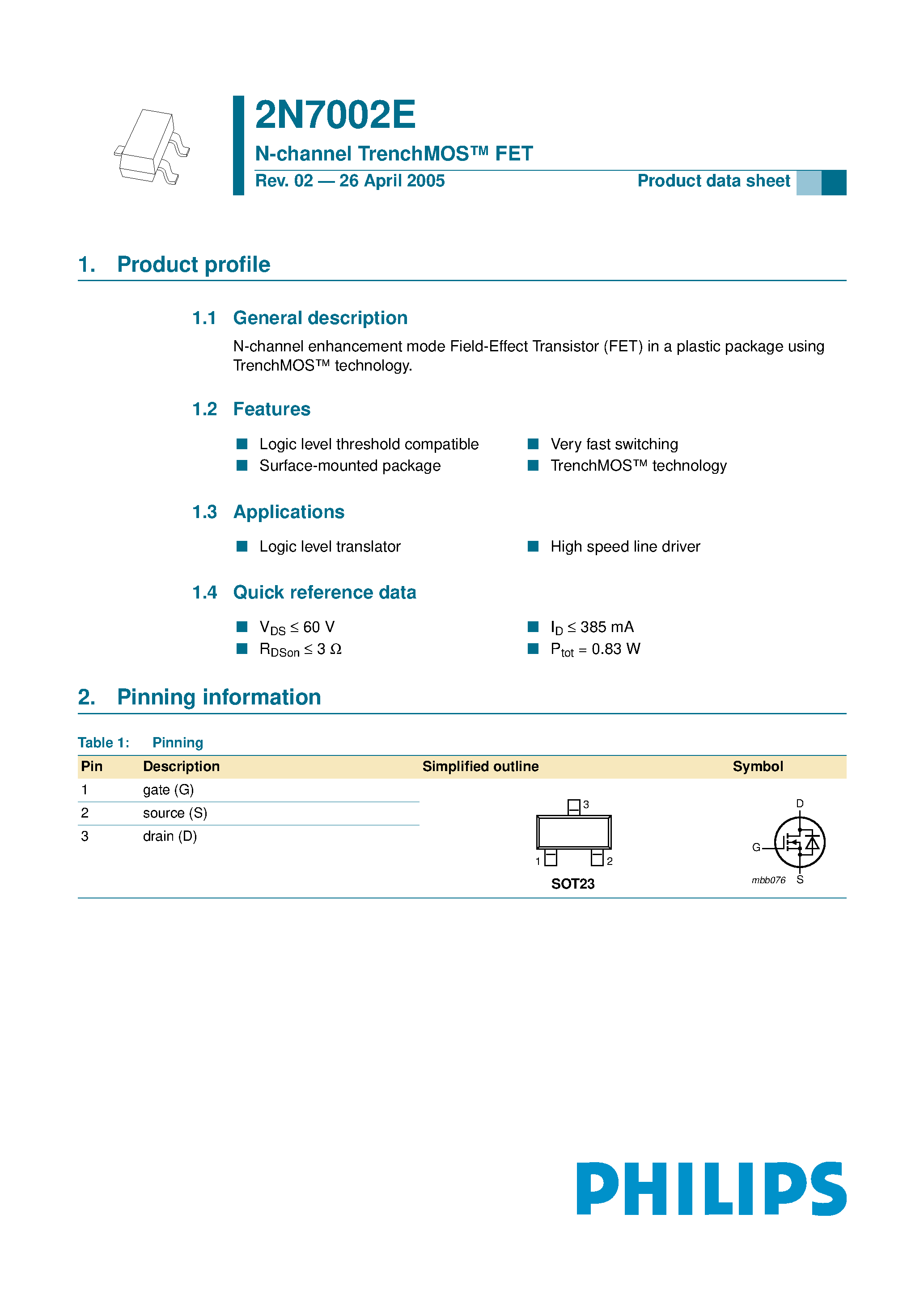 Даташит на микросхему 2N7002E страница 1 Даташит 2N7002E - N-channel TrenchMOS FET страница 1