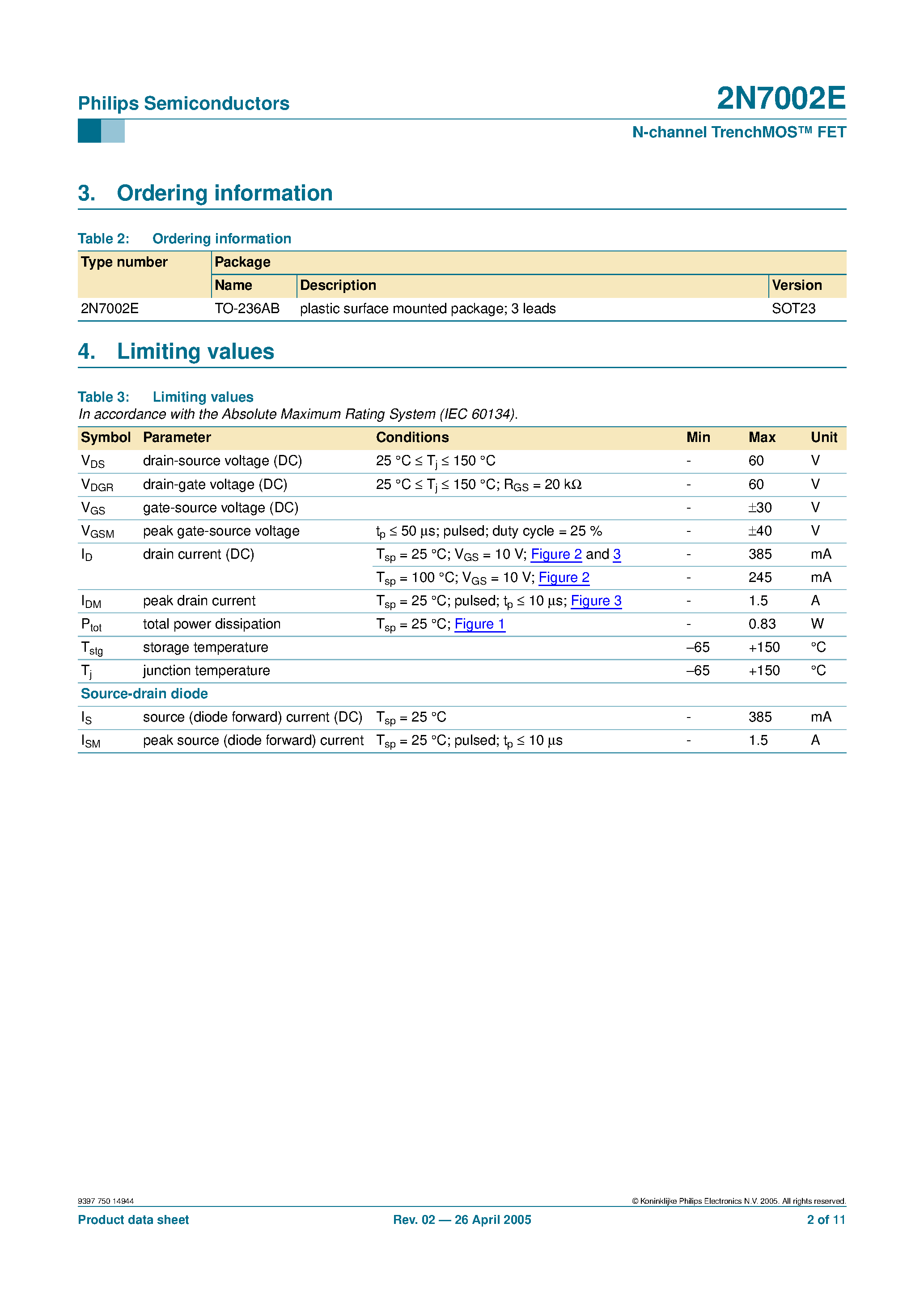 Даташит на микросхему 2N7002E страница 2 Даташит 2N7002E - N-channel TrenchMOS FET страница 2