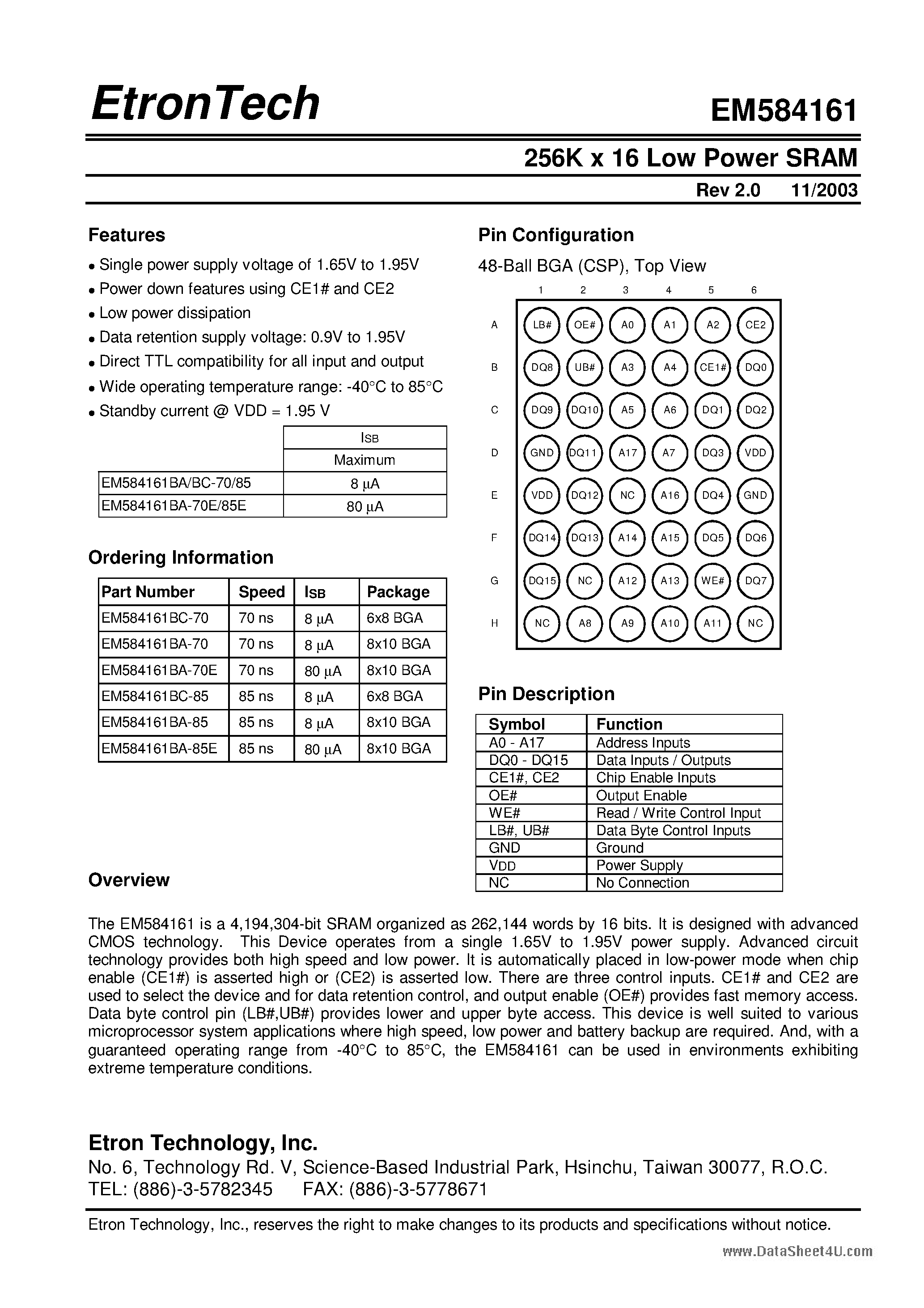 Даташит EM584161 - 256K x 16 Low Power SRAM страница 1