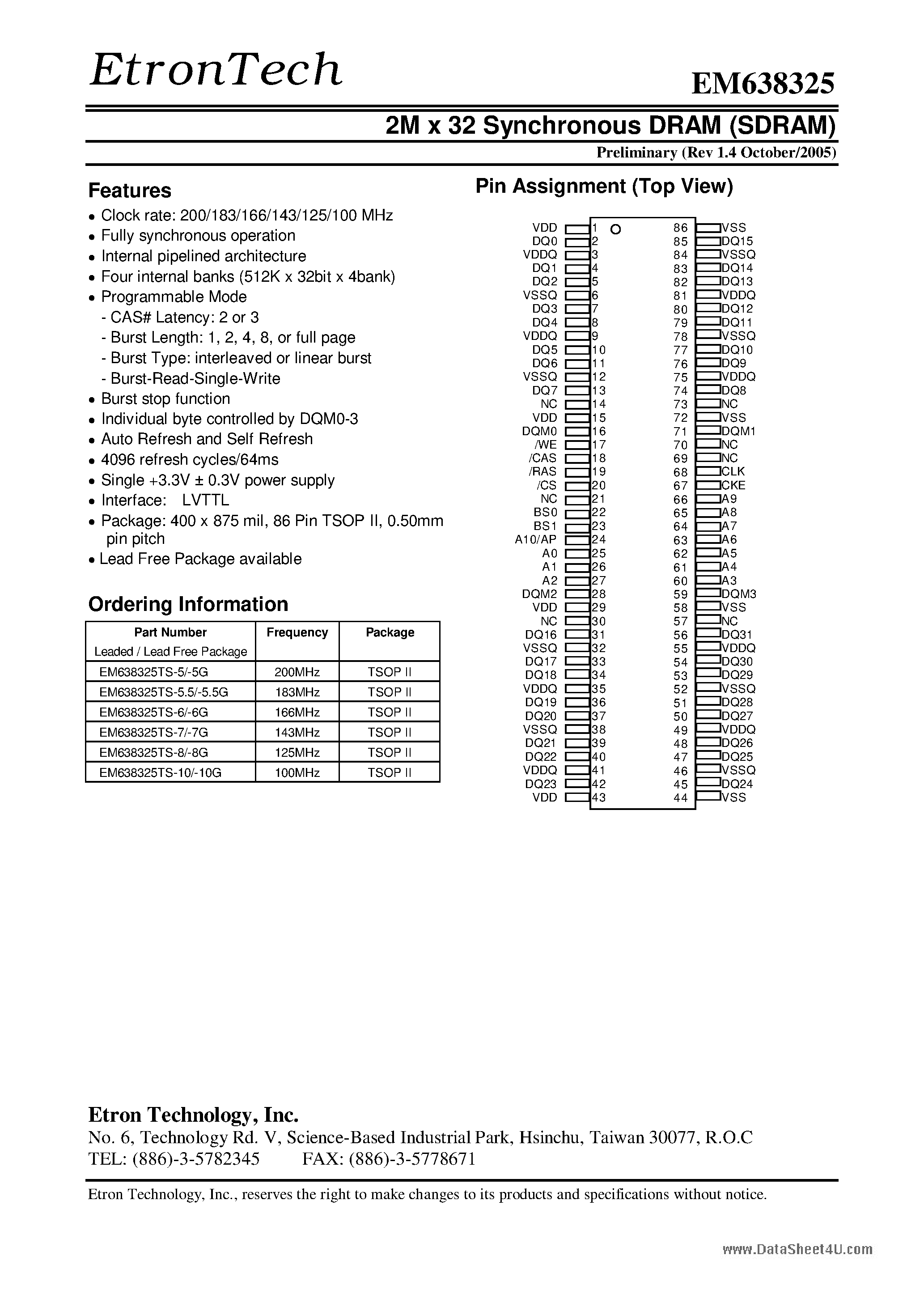 Даташит на микросхему EM638325 страница 1 Даташит EM638325 - 2M x 32 Synchronous DRAM страница 1