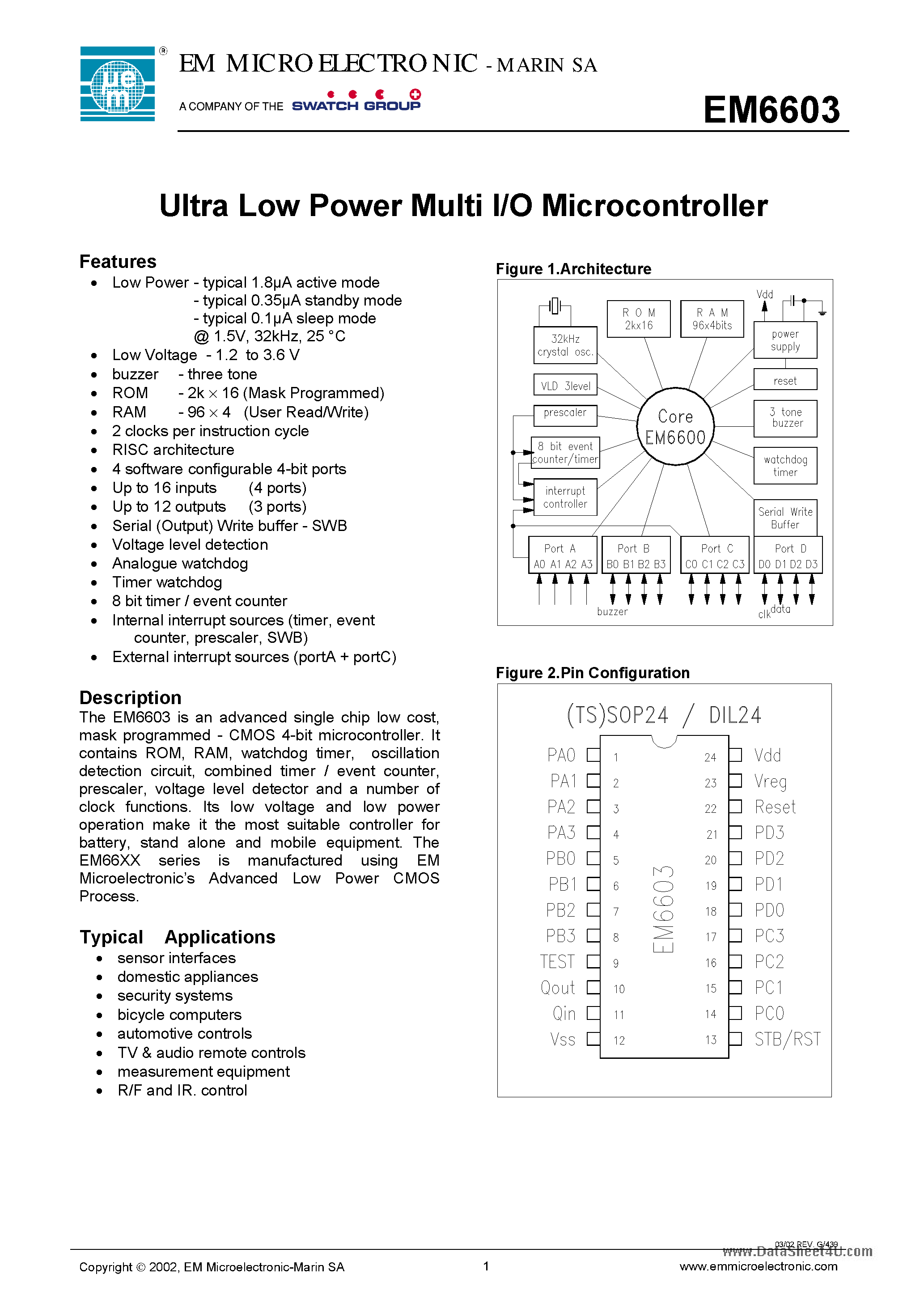 Datasheet EM6603 - Ultra Low Power Multi I/O Microcontroller page 1