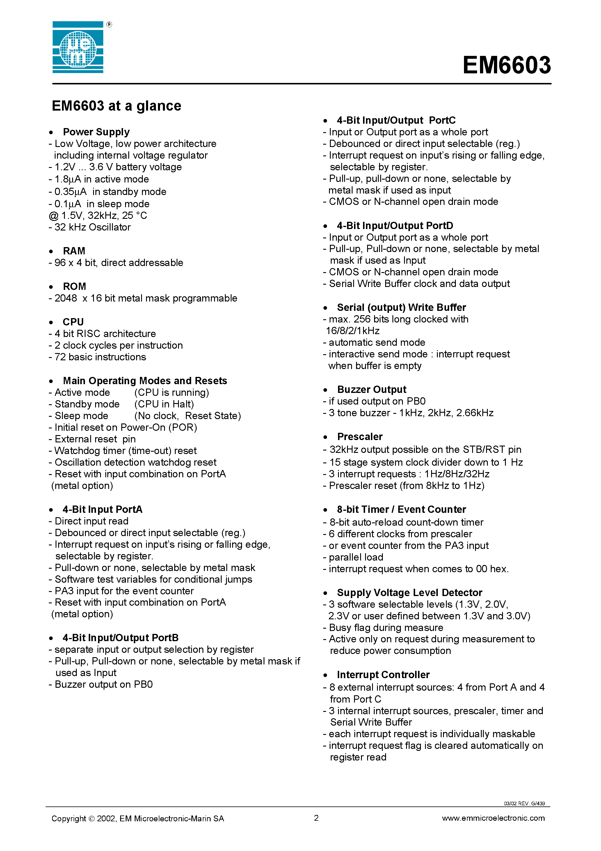 Datasheet EM6603 - Ultra Low Power Multi I/O Microcontroller page 2