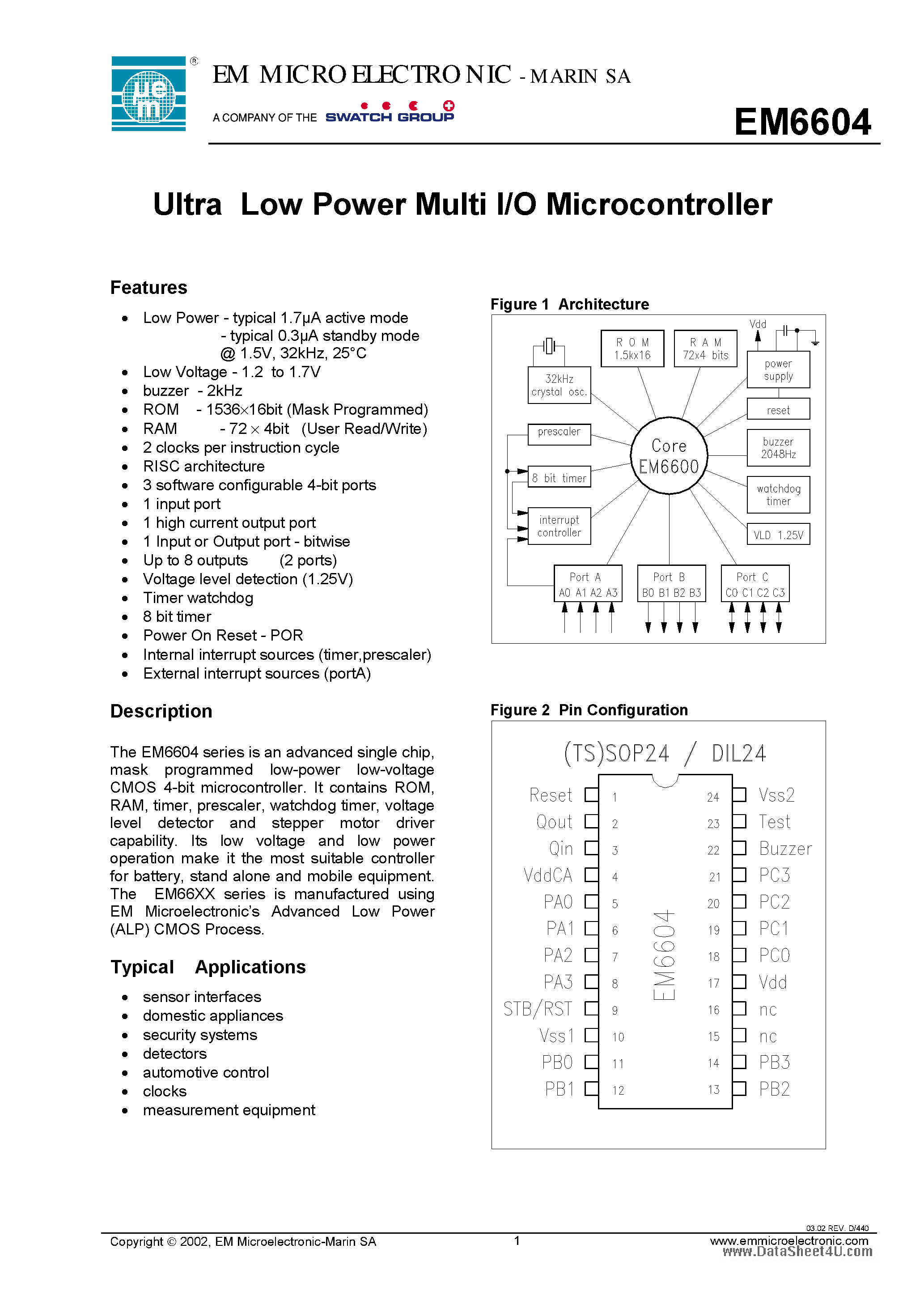 Datasheet EM6604 - Ultra Low Power Multi I/O Microcontroller page 1