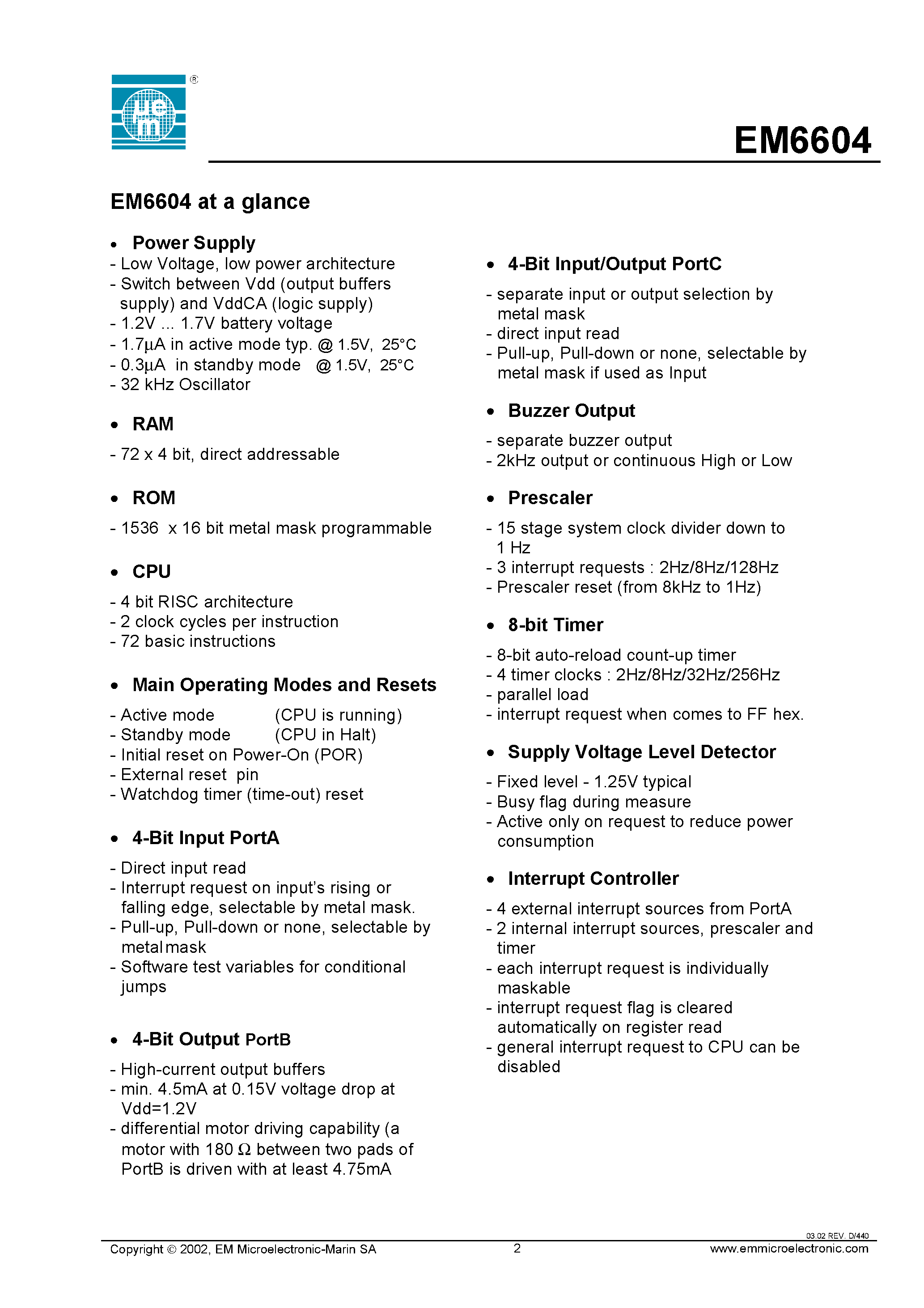Datasheet EM6604 - Ultra Low Power Multi I/O Microcontroller page 2