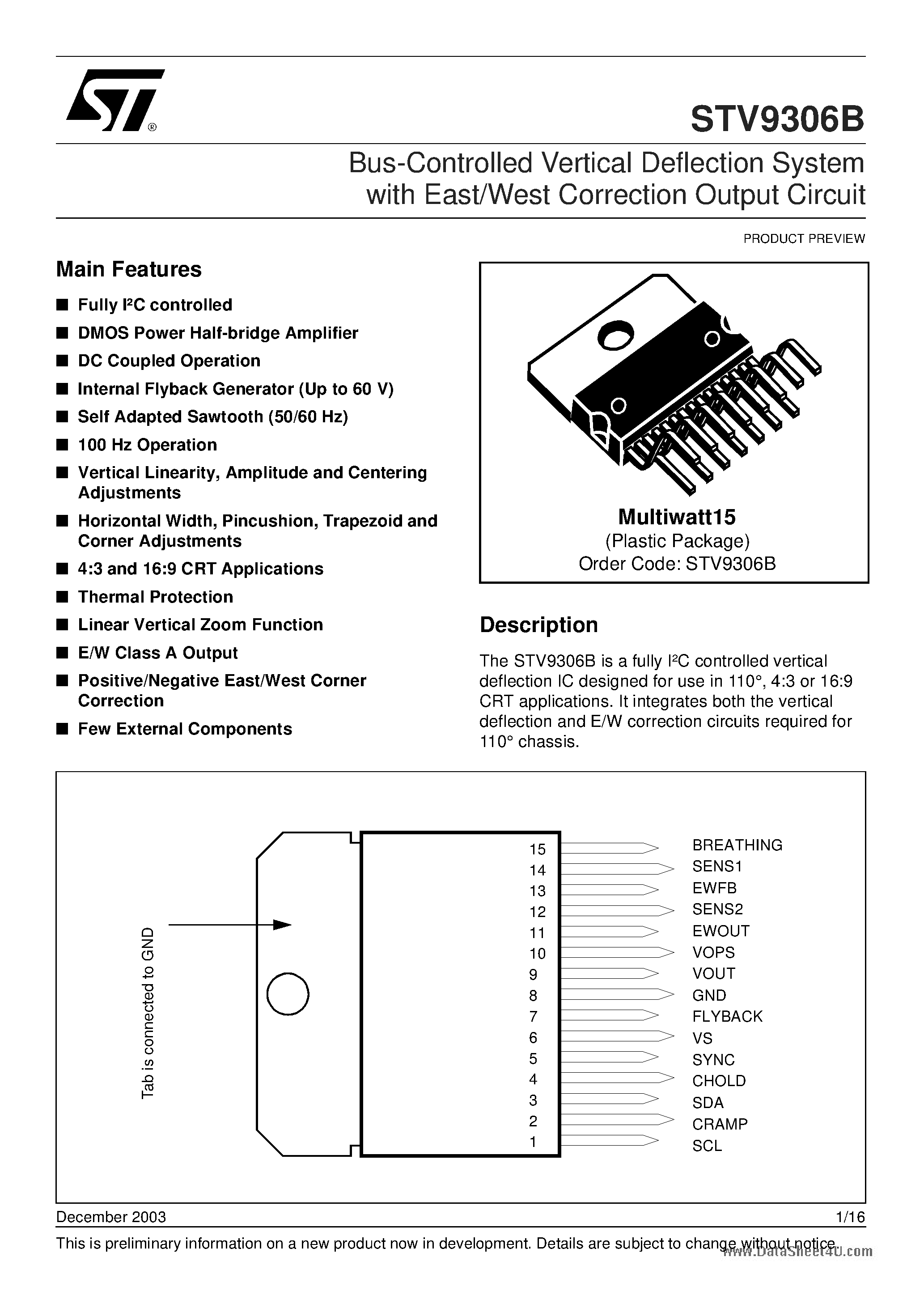 Даташит STV9306B - Bus-Controlled Vertical Deflection System страница 1